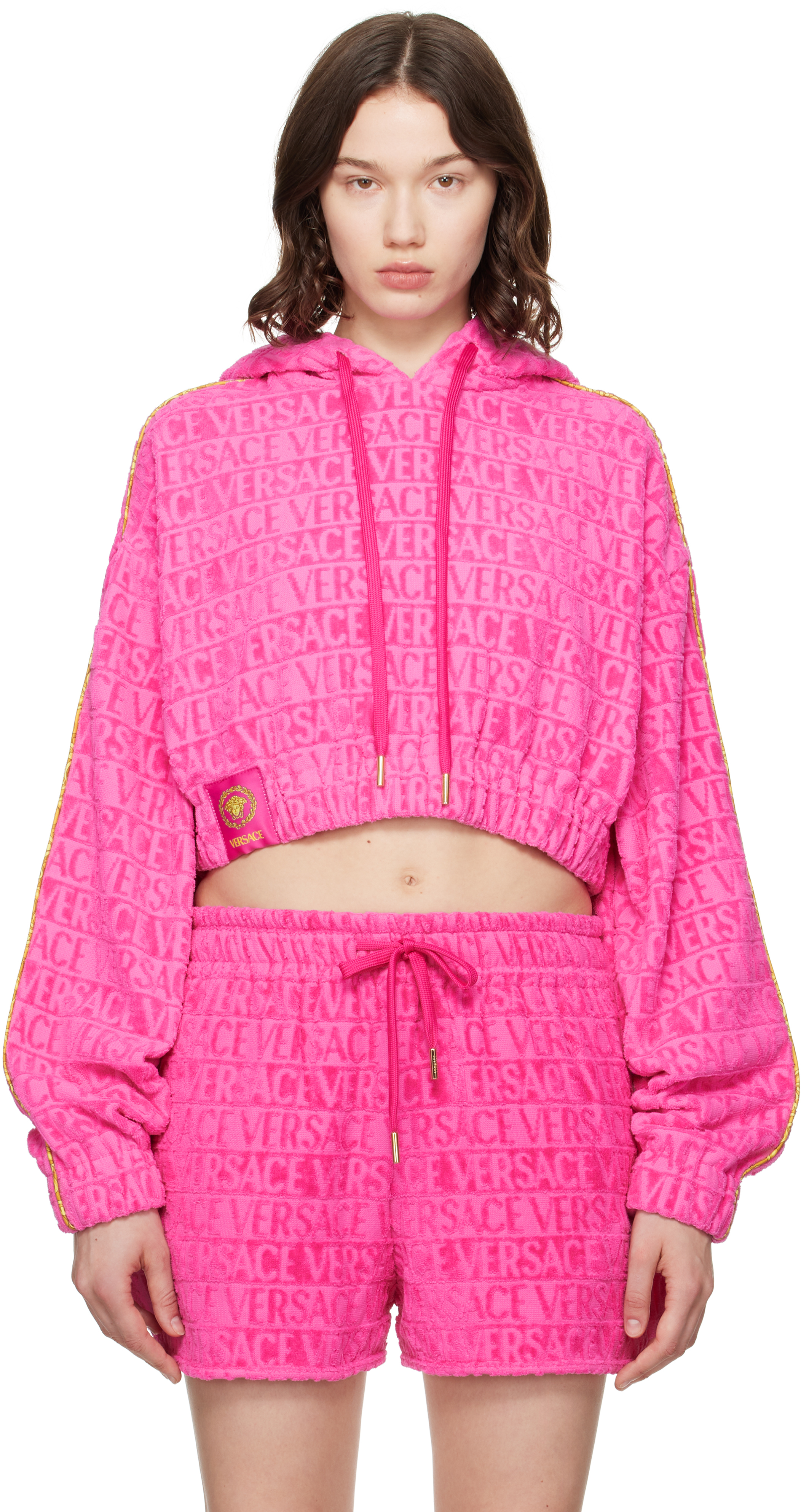 Pink 'I Heart Baroque' Crop Hoodie by Versace on Sale