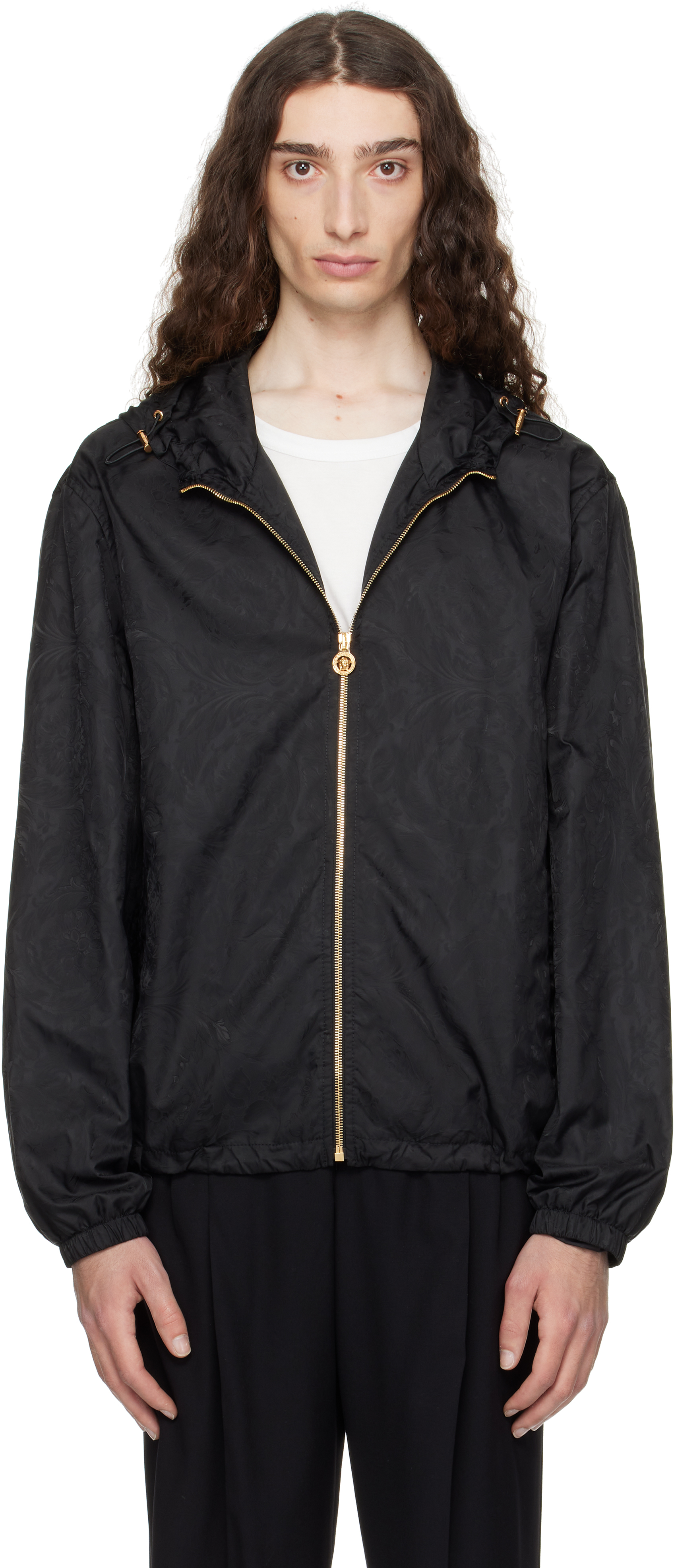 Black Barocco Jacquard Windbreaker Jacket
