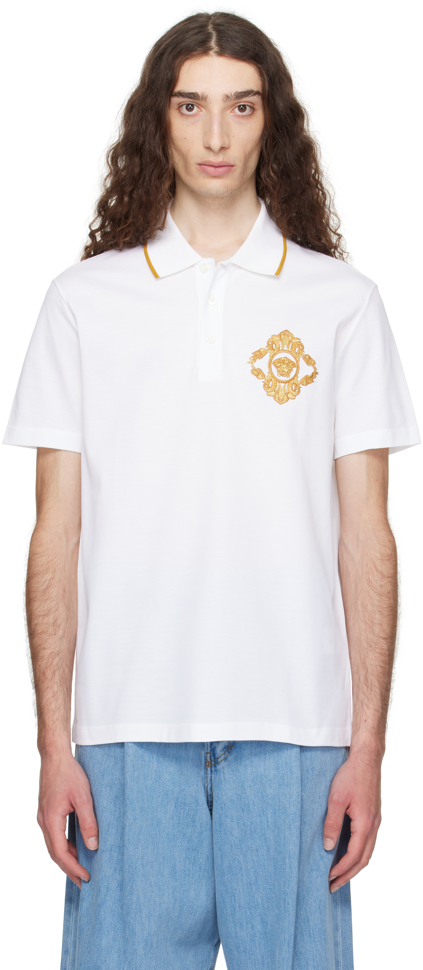 White Embroidered Architectural Baroque Polo
