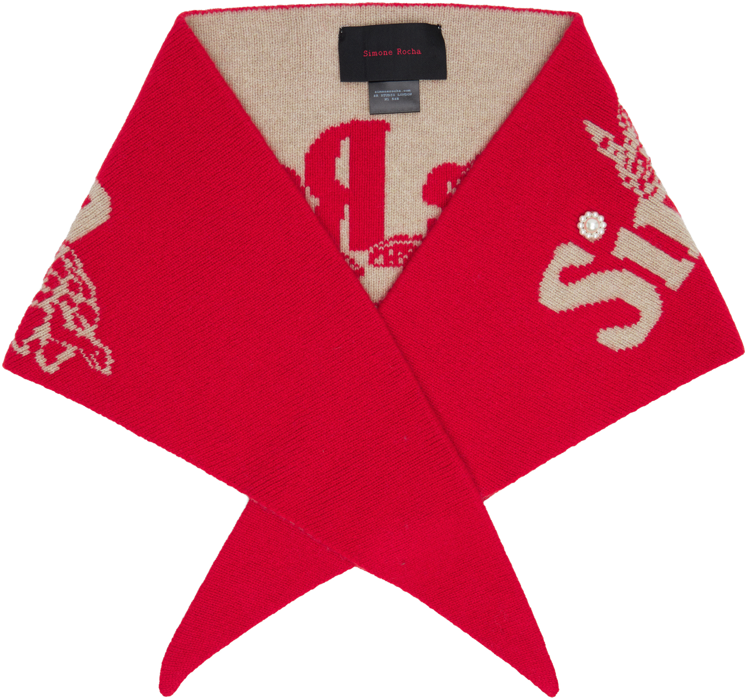 Simone Rocha Red & Beige Graphic Logo Knit Neckerchief Scarf In Red
