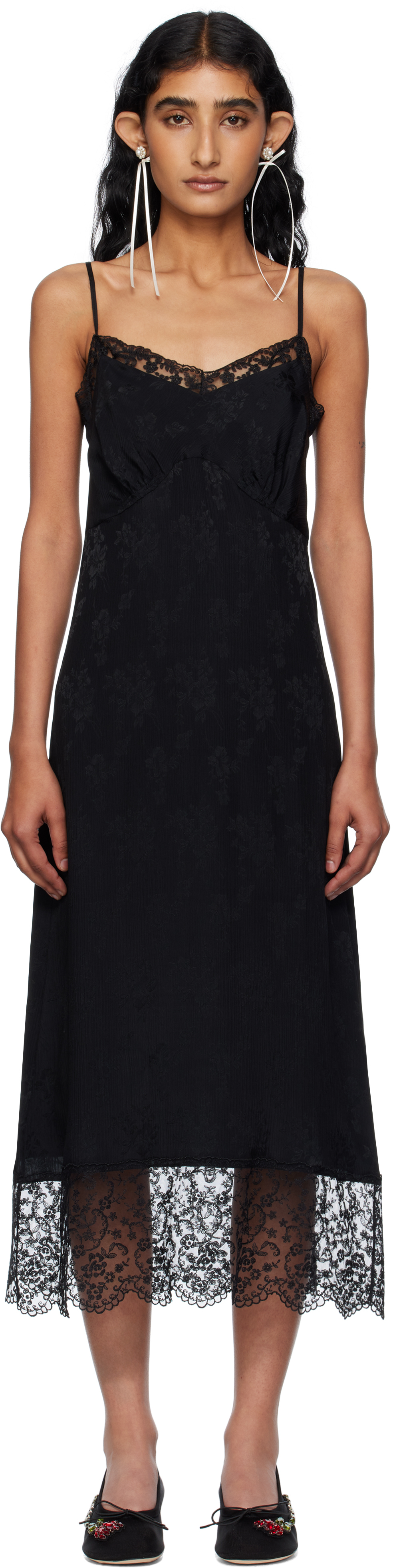 【関税込み】Simone Rocha ブラック Slider ミニワンピース Simone Rocha: Black Deep Lace Trim Slip Minidress | SSENSE