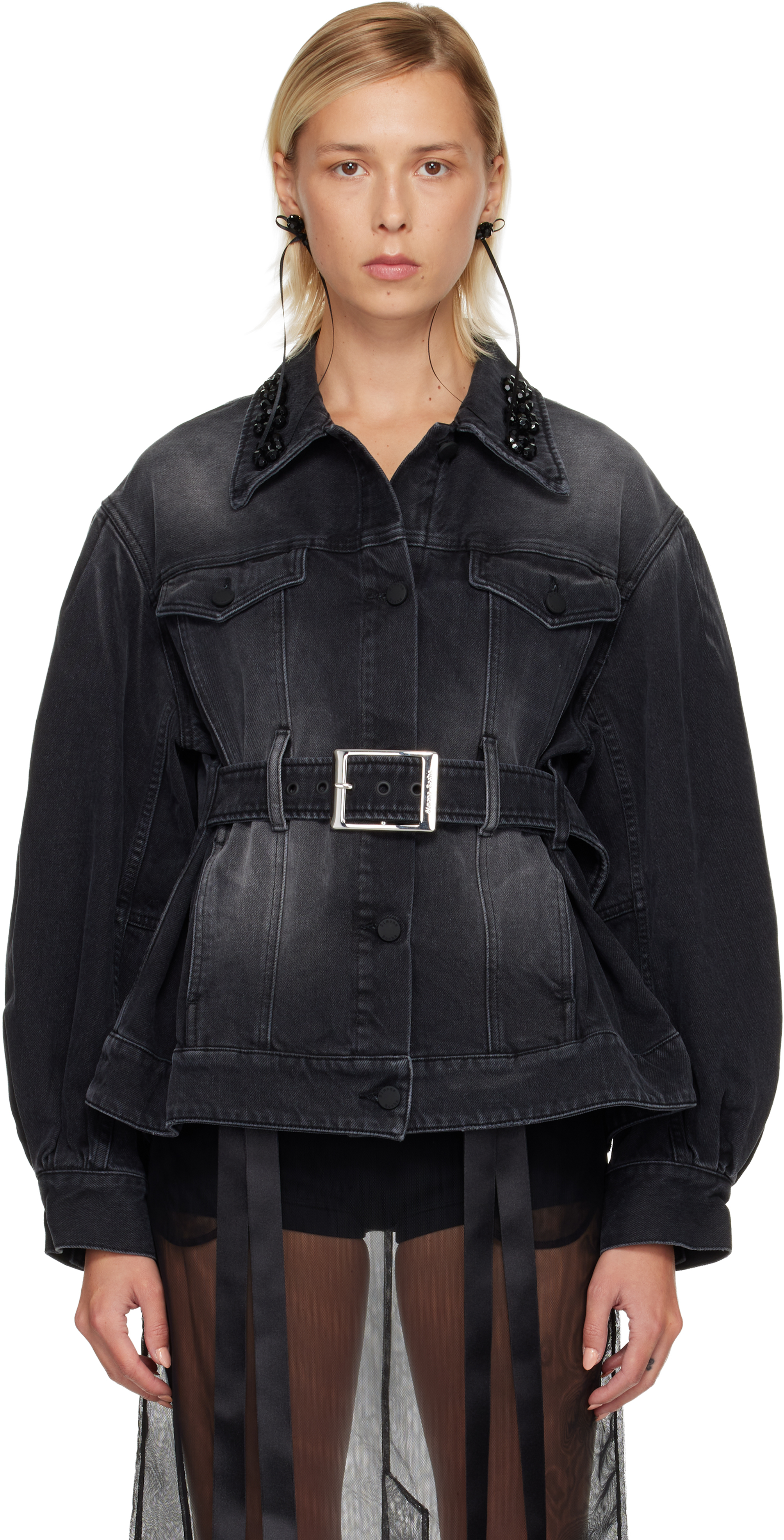 Simone Rocha Black Embellished Sculpted Belt Detail Denim Jacket In Black