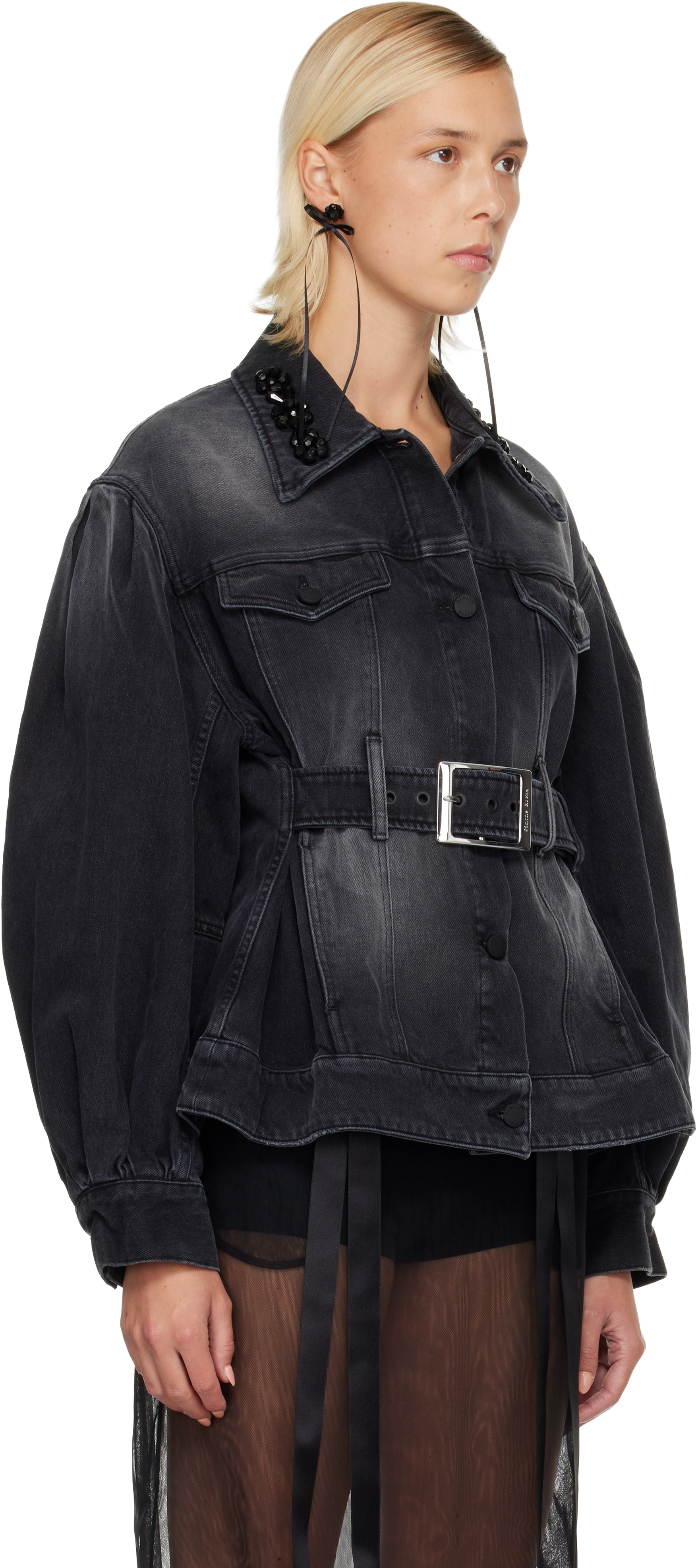 Simone Rocha Black Embellished Sculpted Belt Detail Denim Jacket In Black