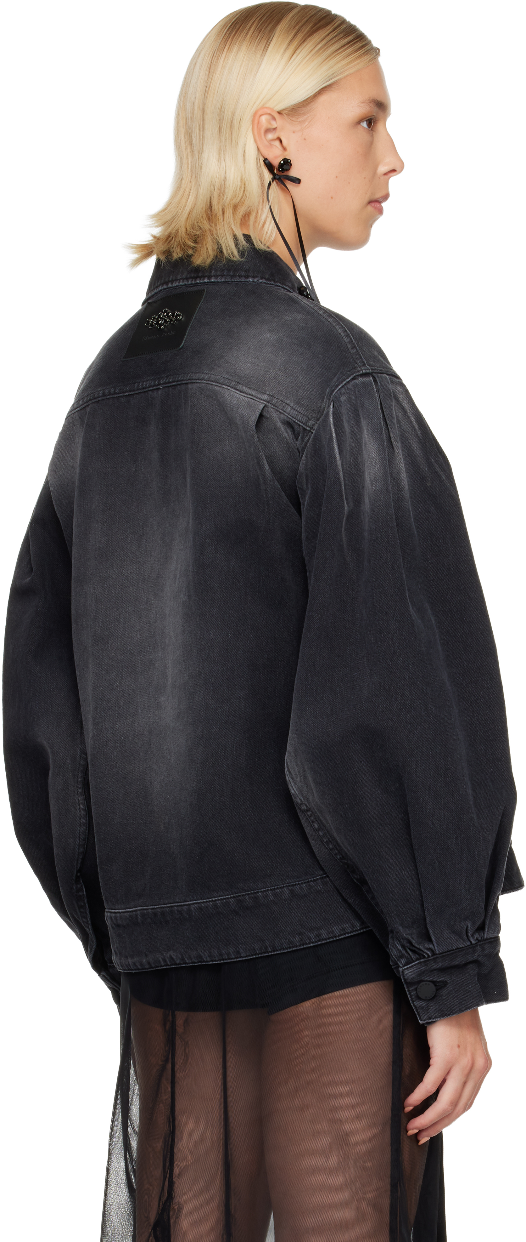 Simone Rocha Black Embellished Sculpted Belt Detail Denim Jacket In Black