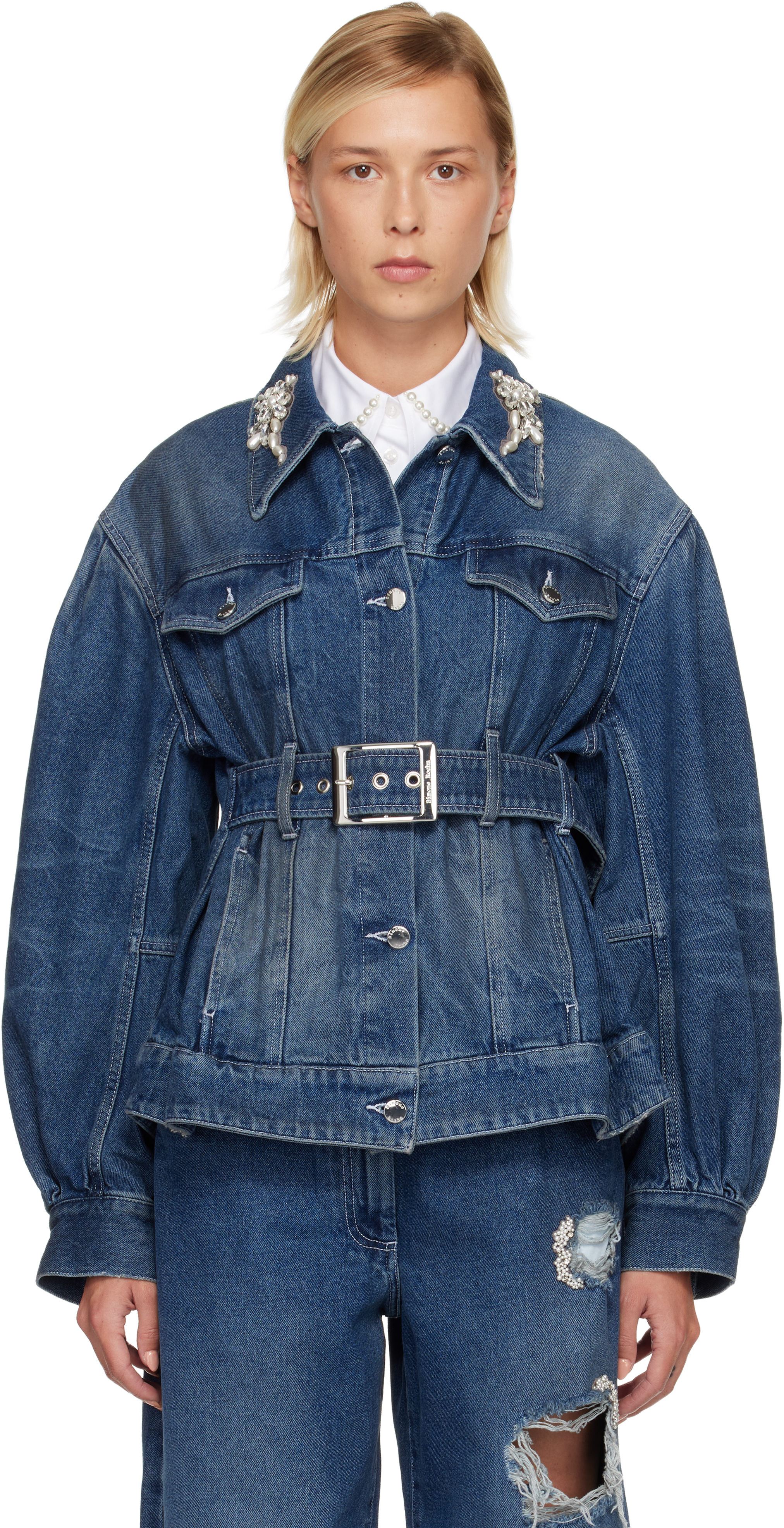 Simone Rocha Blue Turbo Embellished Sculpted Belt Detail Denim Jacket In Blue