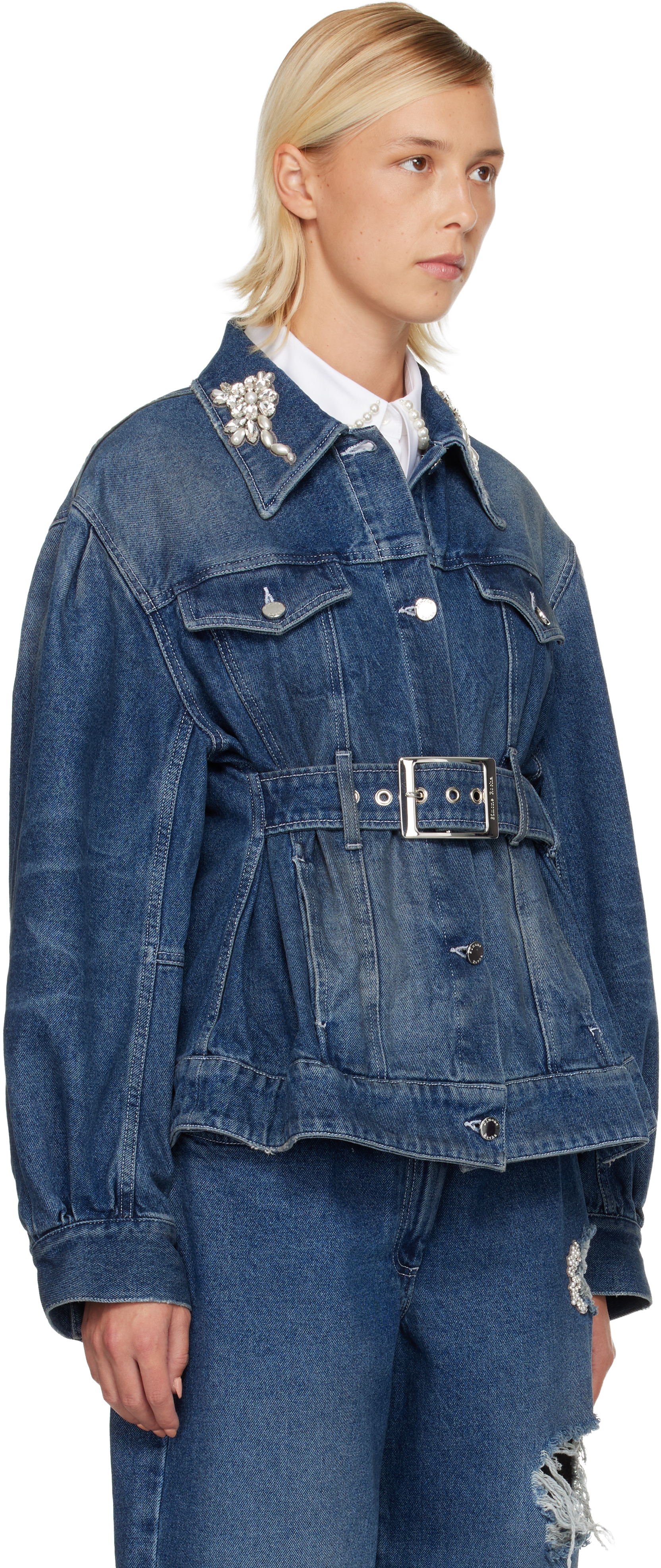 Simone Rocha Blue Turbo Embellished Sculpted Belt Detail Denim Jacket In Blue