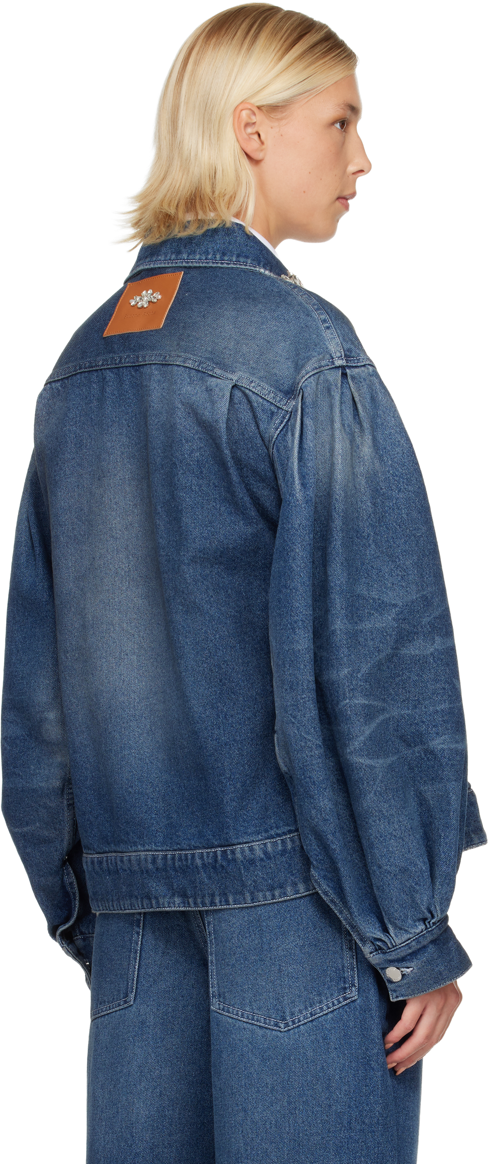 Simone Rocha Blue Turbo Embellished Sculpted Belt Detail Denim Jacket In Blue