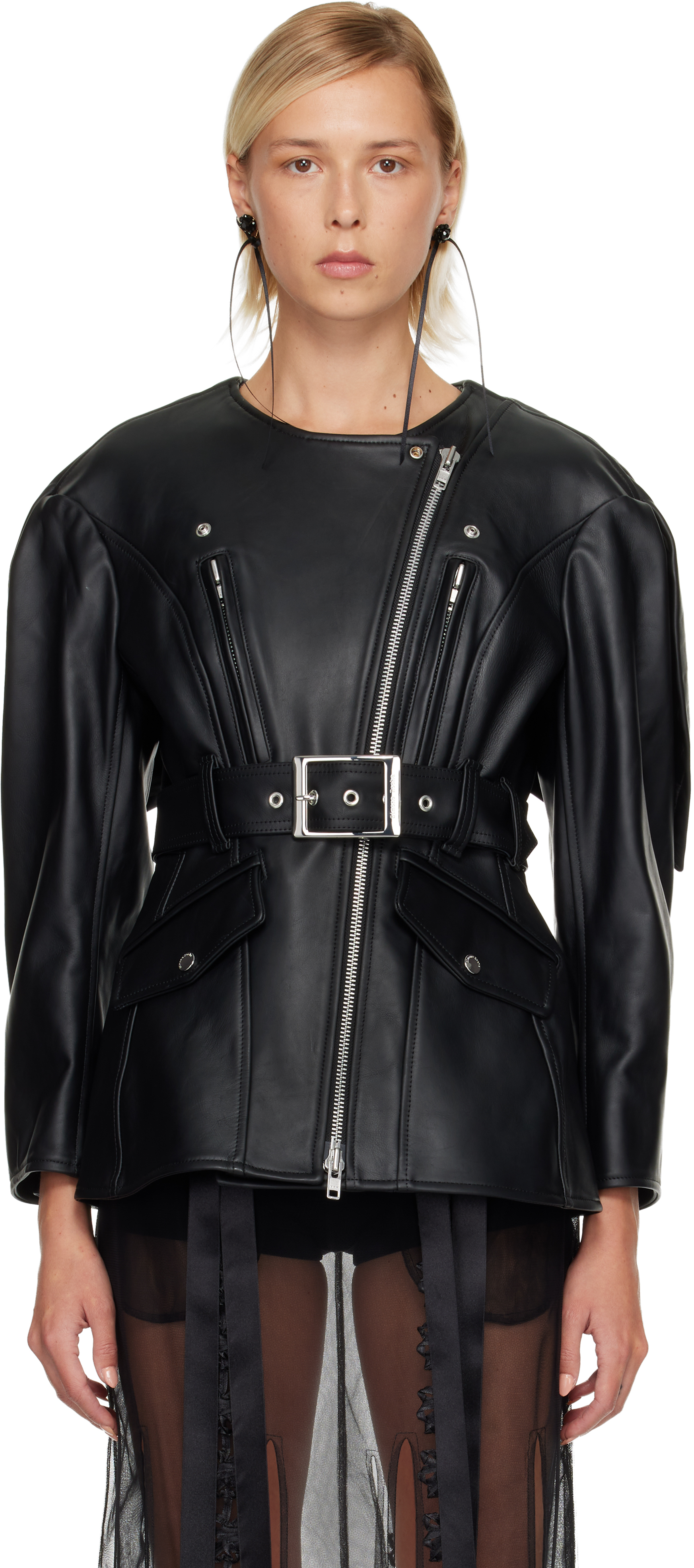 Simone Rocha Black Sculpted Belt Detail & Back Bow Leather Biker Jacket In Black