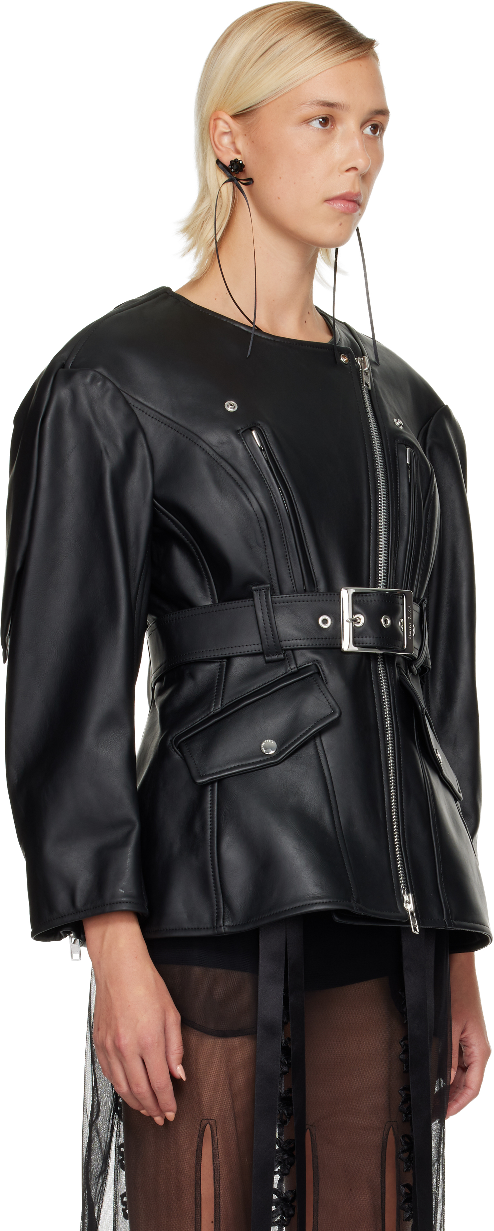 Simone Rocha Black Sculpted Belt Detail & Back Bow Leather Biker Jacket In Black