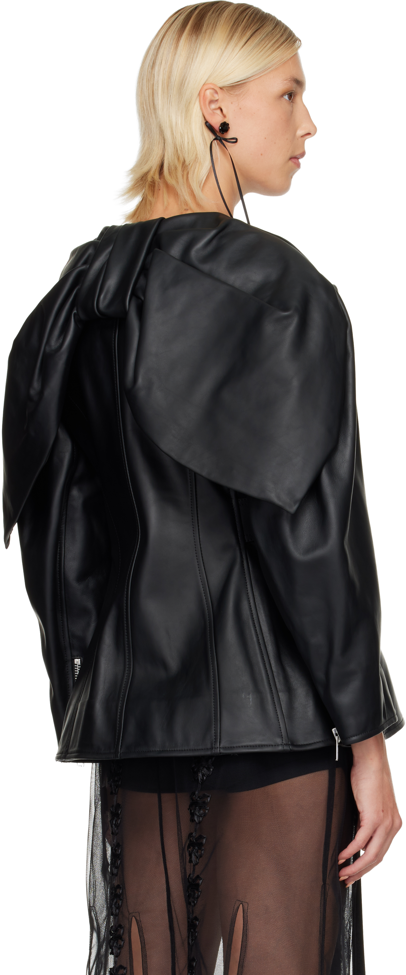 Simone Rocha Black Sculpted Belt Detail & Back Bow Leather Biker Jacket In Black