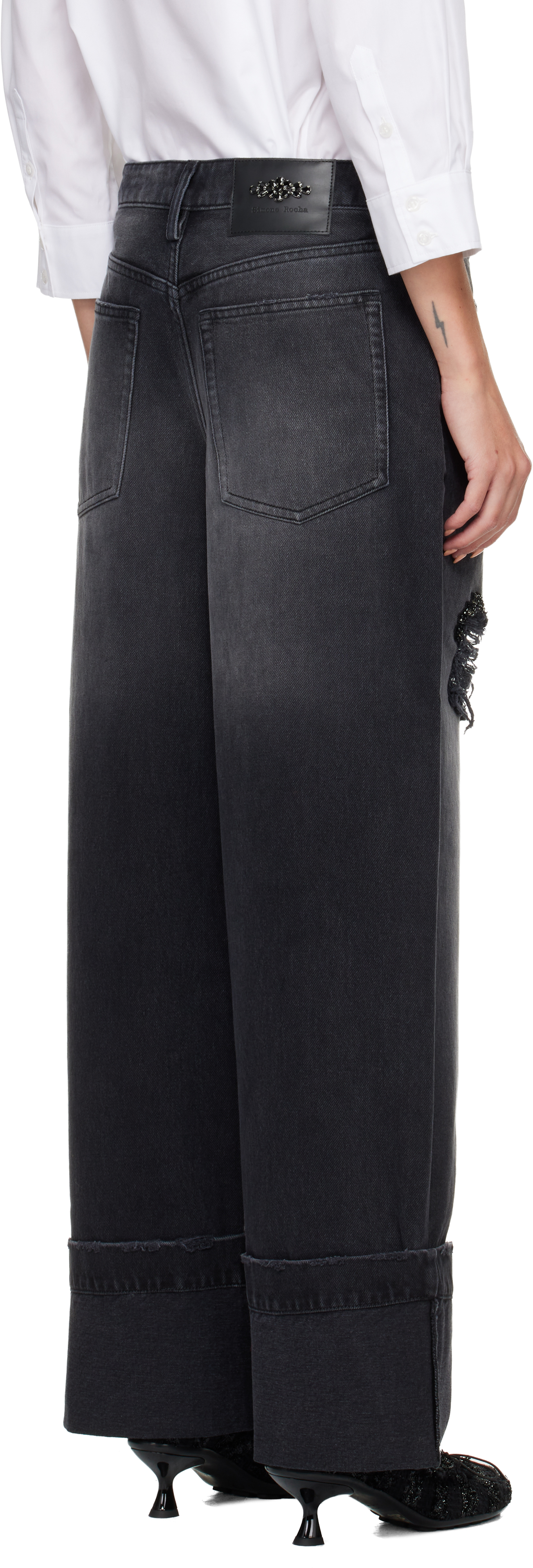 Simone Rocha Black Embellished Straight Leg Jeans In Black