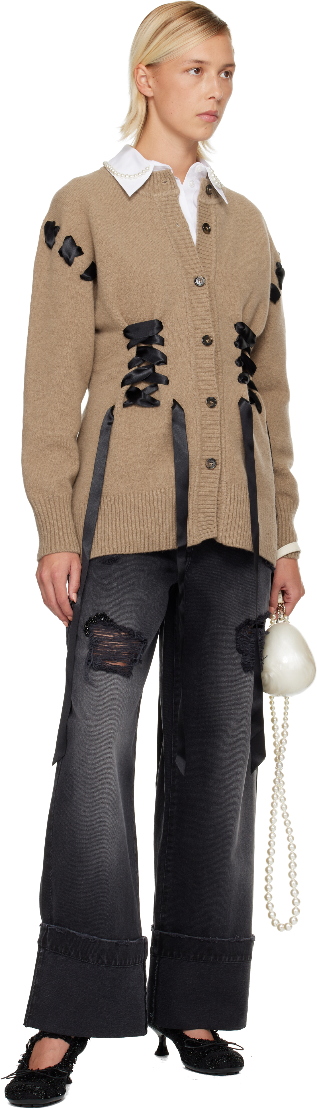 Simone Rocha Black Embellished Straight Leg Jeans In Black