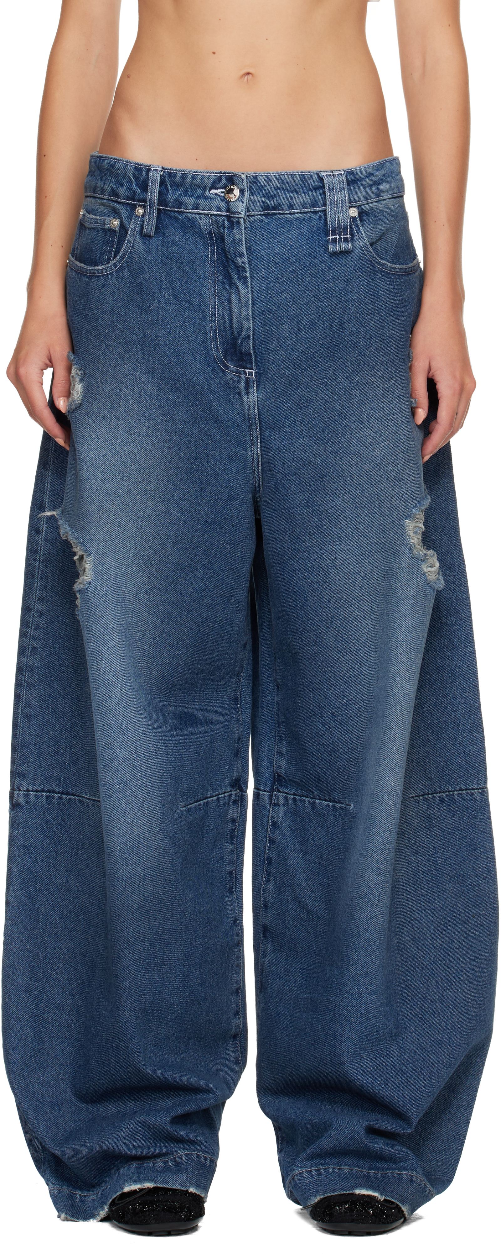 Simone Rocha: Blue Embellished Wide Leg Puddle Jeans | SSENSE