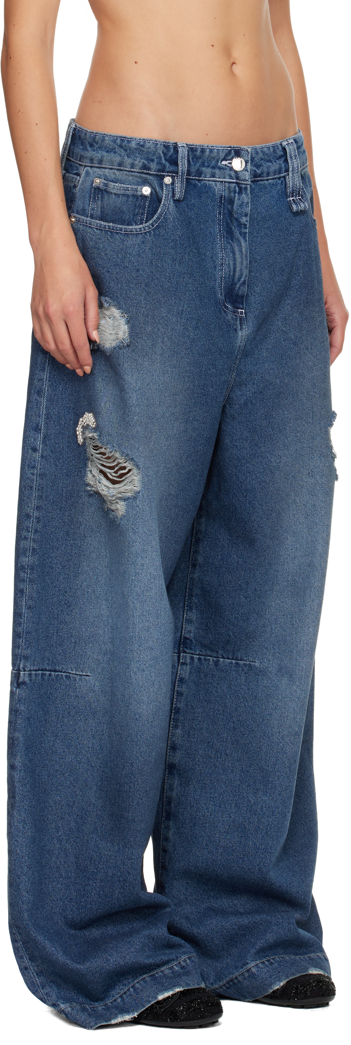 Simone Rocha Blue Embellished Wide Leg Puddle Jeans In Blue