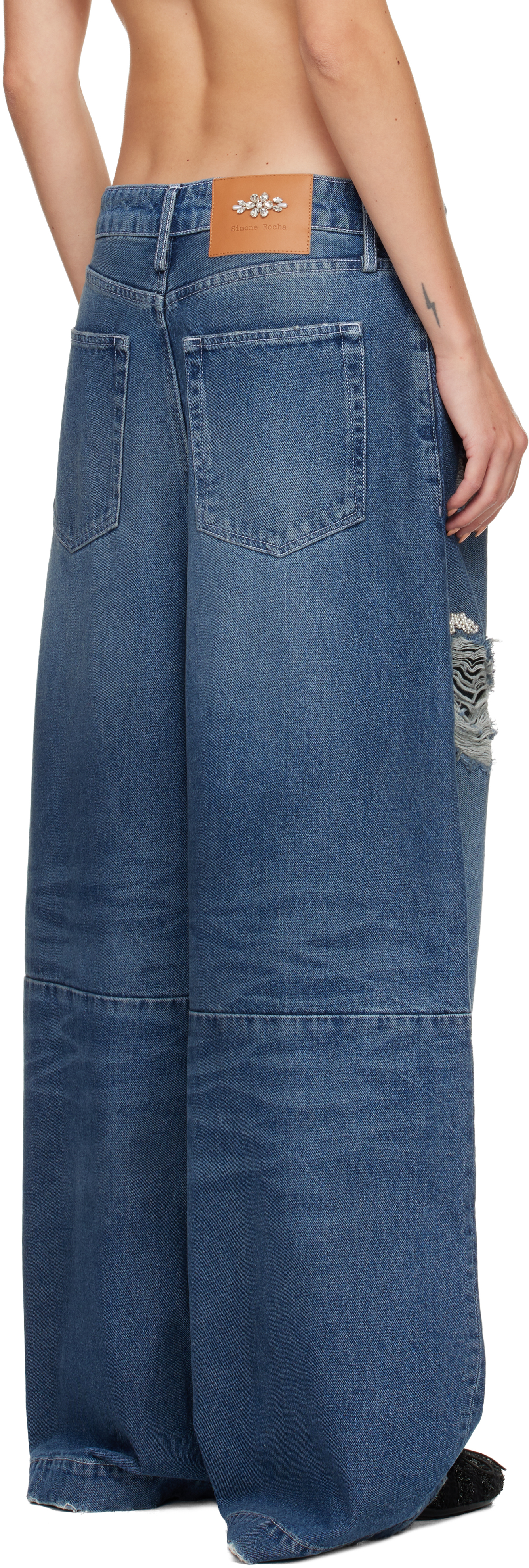Simone Rocha Blue Embellished Wide Leg Puddle Jeans In Blue
