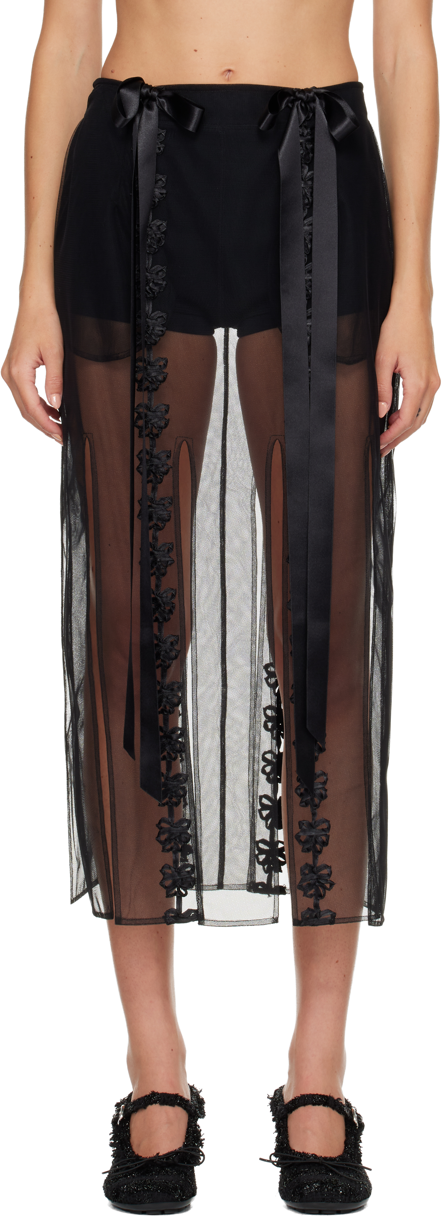 Simone Rocha Black Ribbon Daisy Chain Multi Slit Maxi Skirt In Black