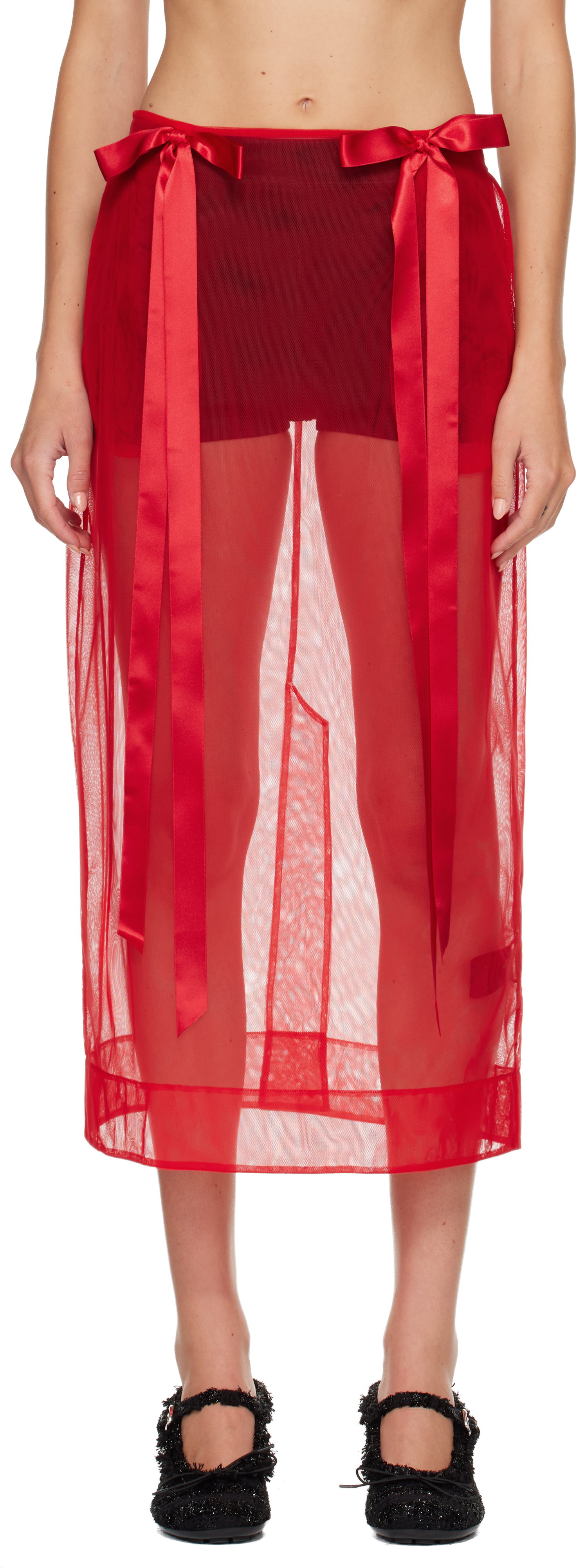 Simone Rocha Red Sheer Bow Ribbon Pencil Midi Skirt In Red