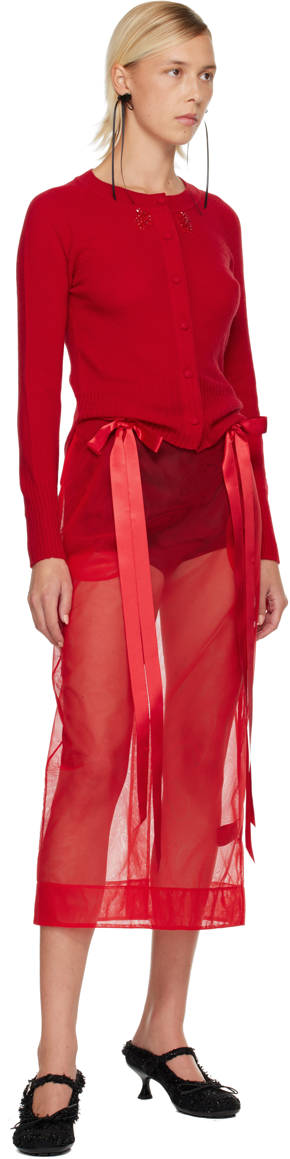 Simone Rocha Red Sheer Bow Ribbon Pencil Midi Skirt In Red