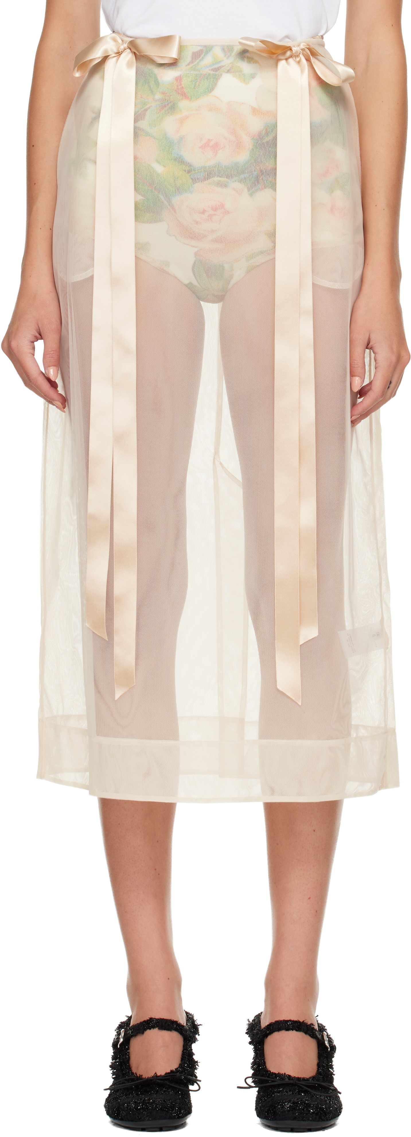 Simone Rocha Beige Sheer Bow Ribbon Pencil Midi Skirt In Brown
