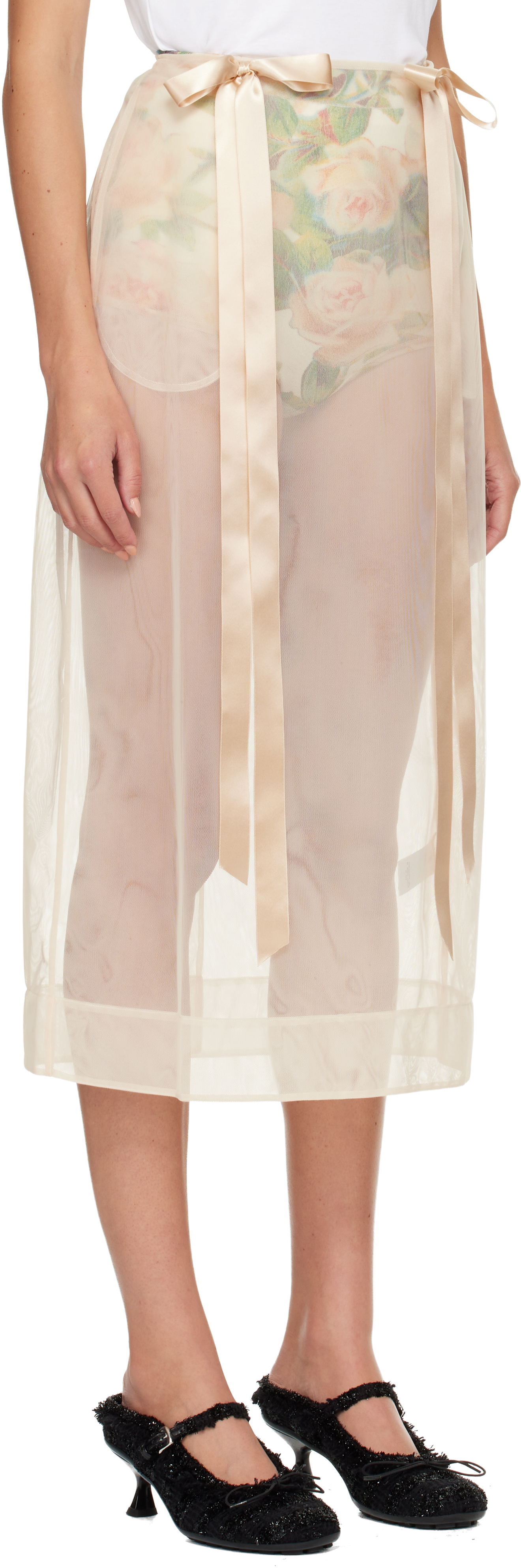 Simone Rocha Beige Sheer Bow Ribbon Pencil Midi Skirt In Brown