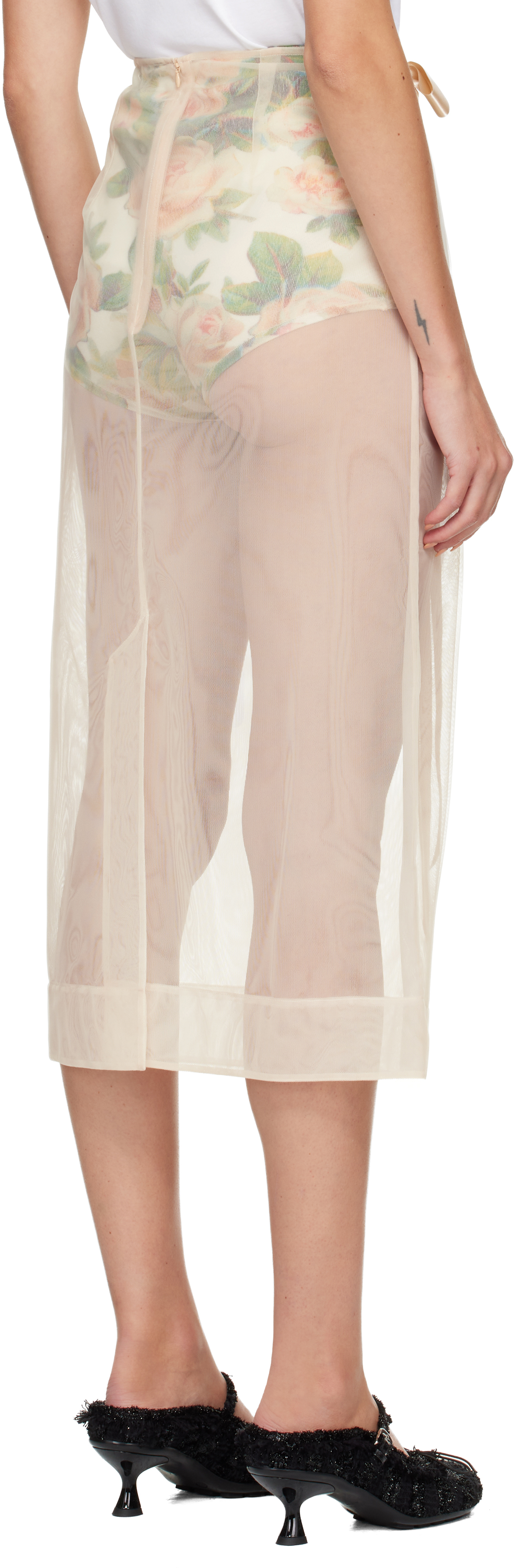 Simone Rocha Beige Sheer Bow Ribbon Pencil Midi Skirt In Brown