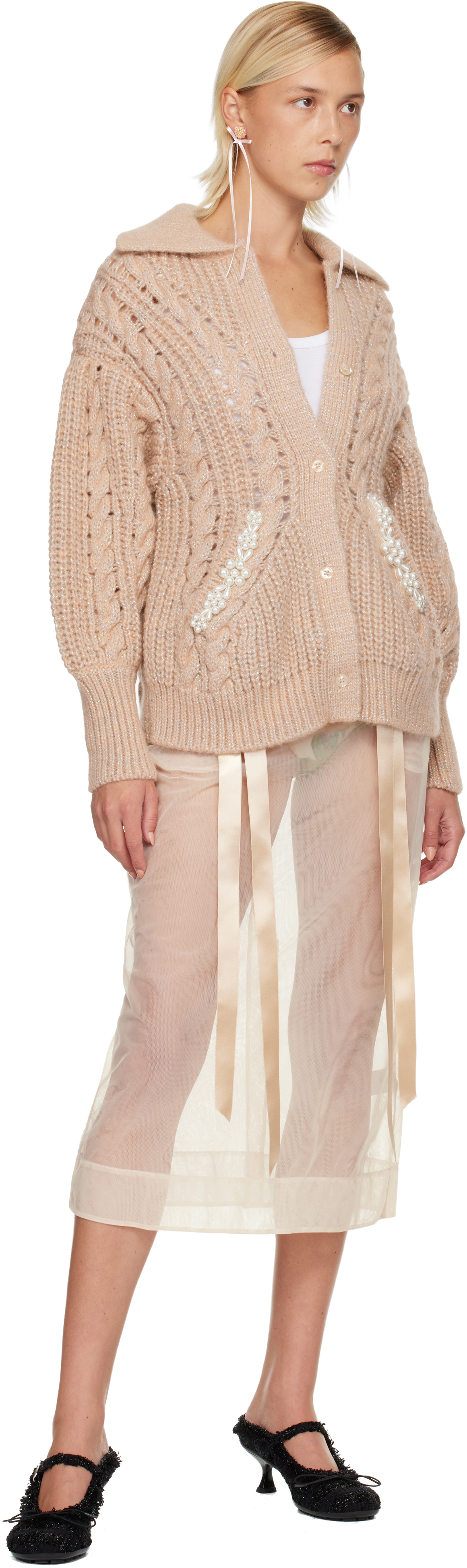 Simone Rocha Beige Sheer Bow Ribbon Pencil Midi Skirt In Brown