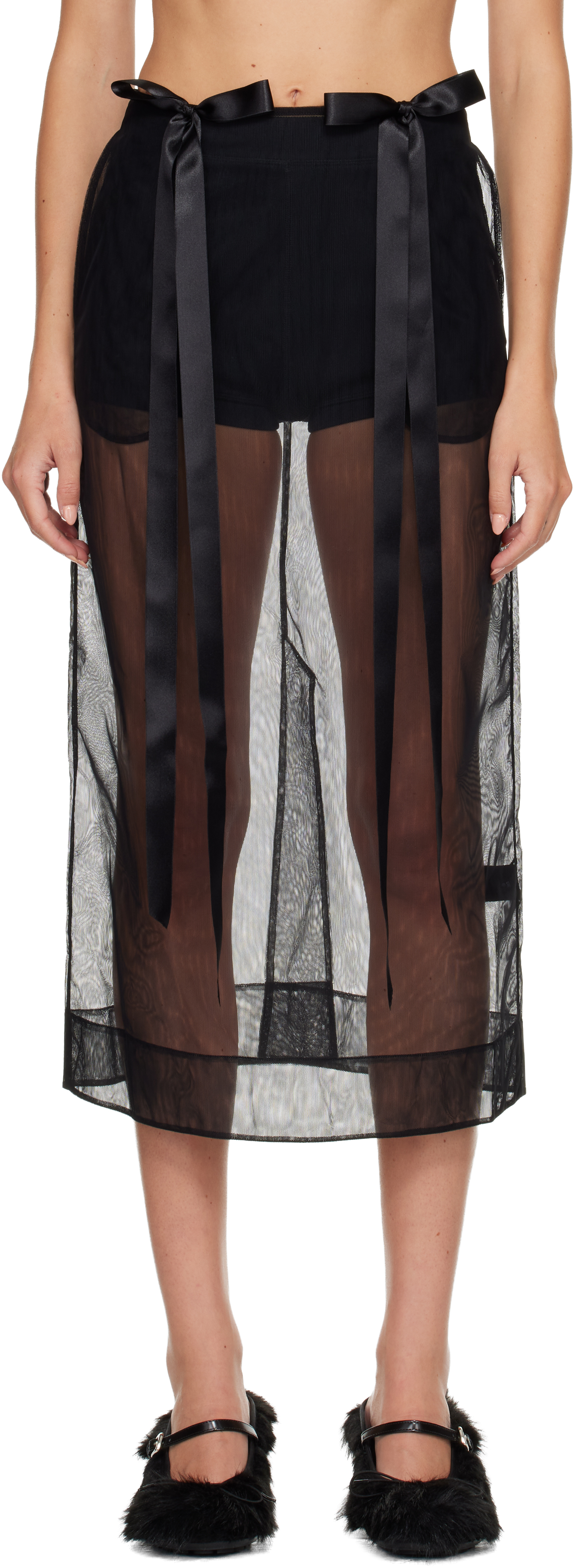 Simone Rocha Black Sheer Bow Ribbon Pencil Midi Skirt In Black