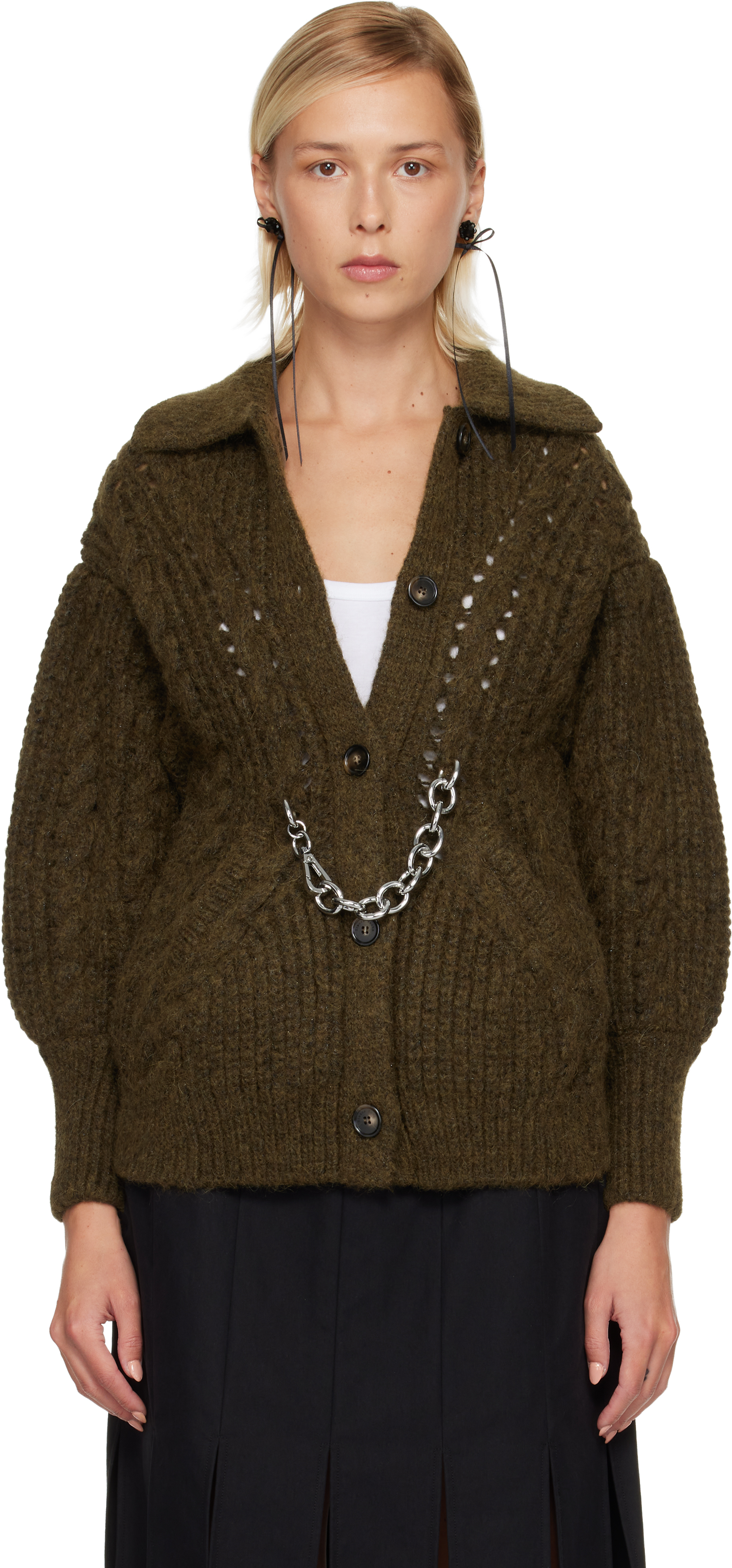 Simone Rocha Khaki Sculpted Chunky Knit Chain Detail Cardigan In Green