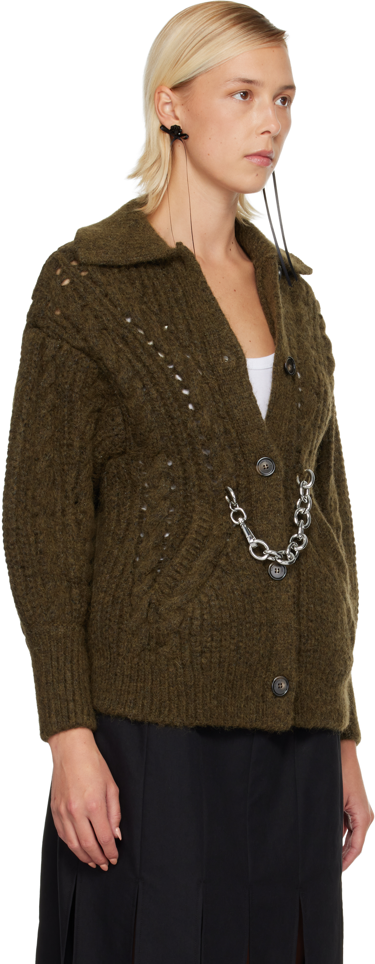 Simone Rocha Khaki Sculpted Chunky Knit Chain Detail Cardigan In Green