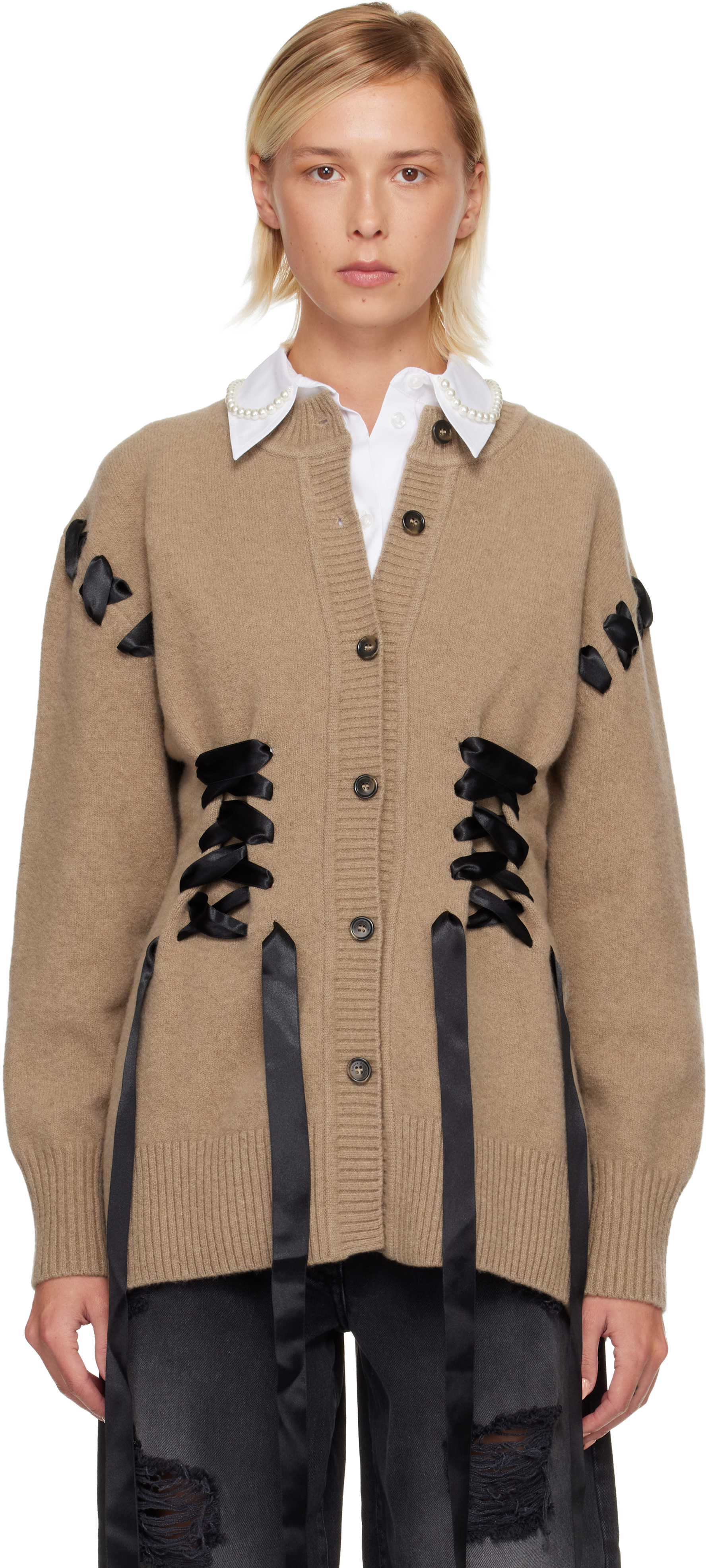 Simone Rocha Tan Sculpted Ribbon Corset Cardigan In Brown
