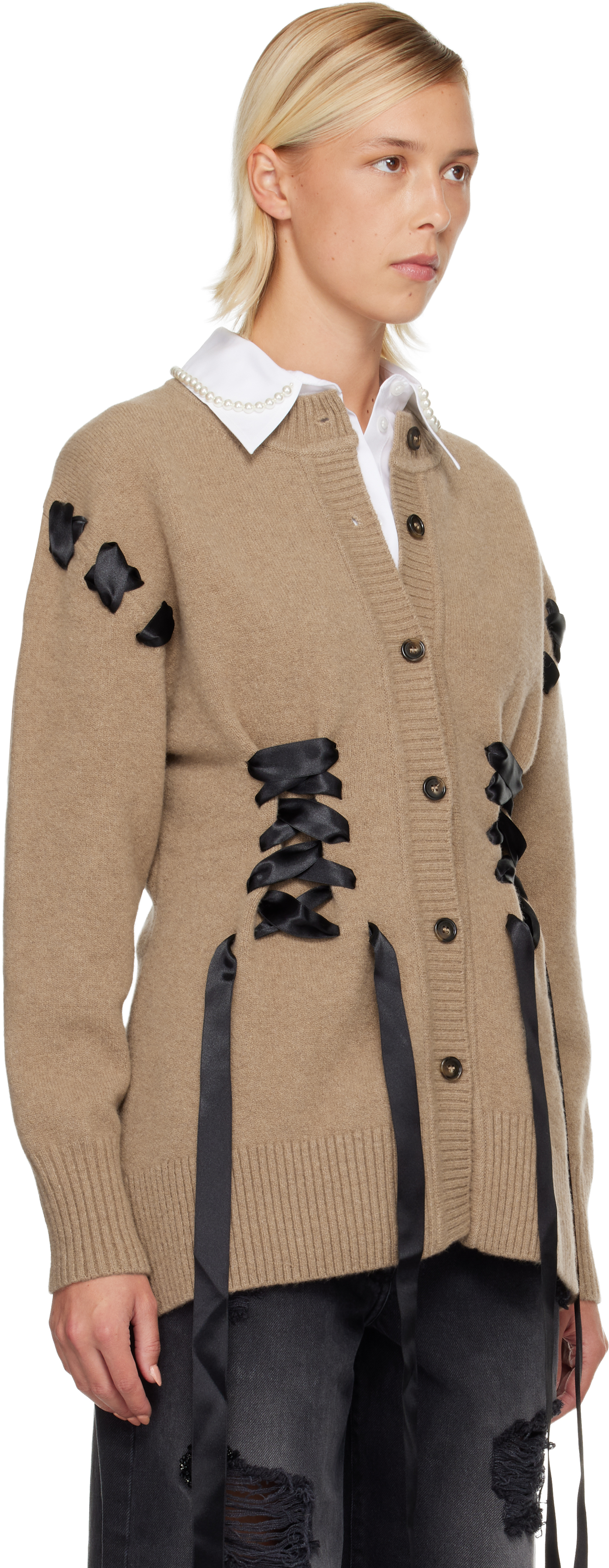 Simone Rocha Tan Sculpted Ribbon Corset Cardigan In Brown