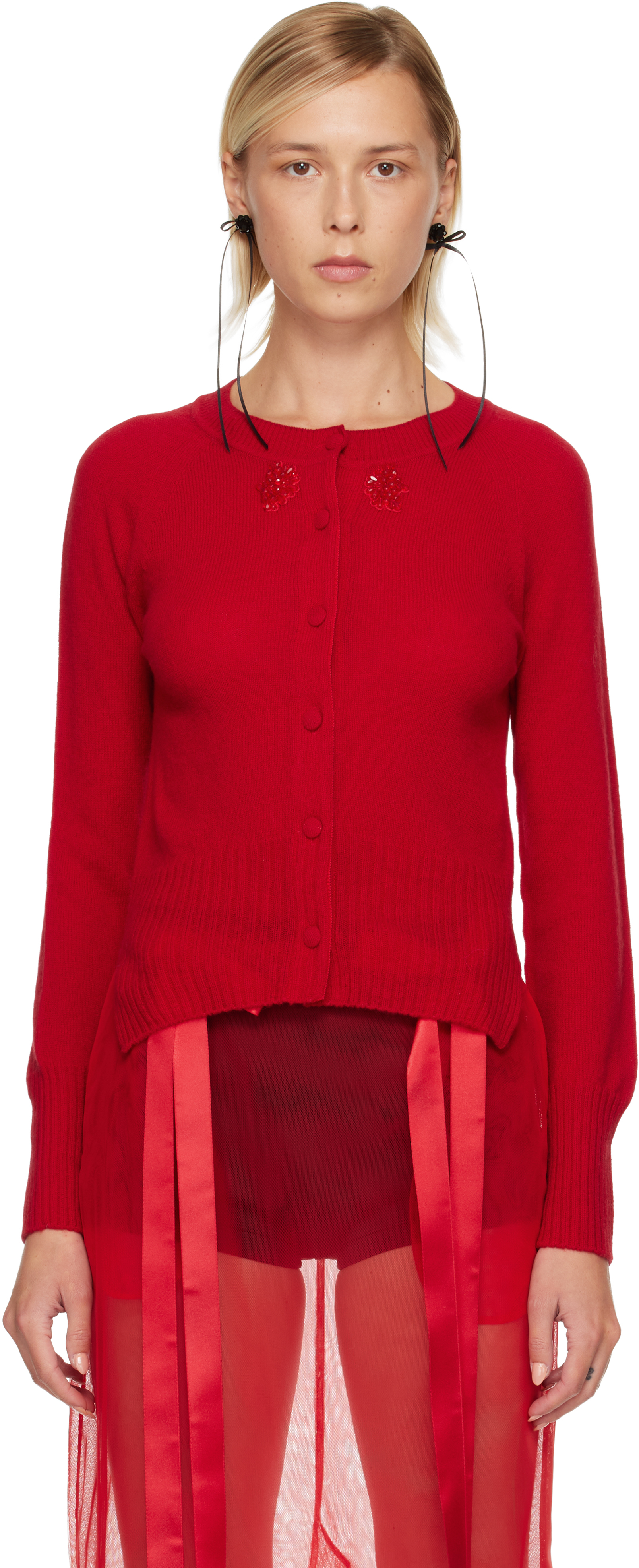 Simone Rocha Red Embellished Cashmere Cardigan In Red