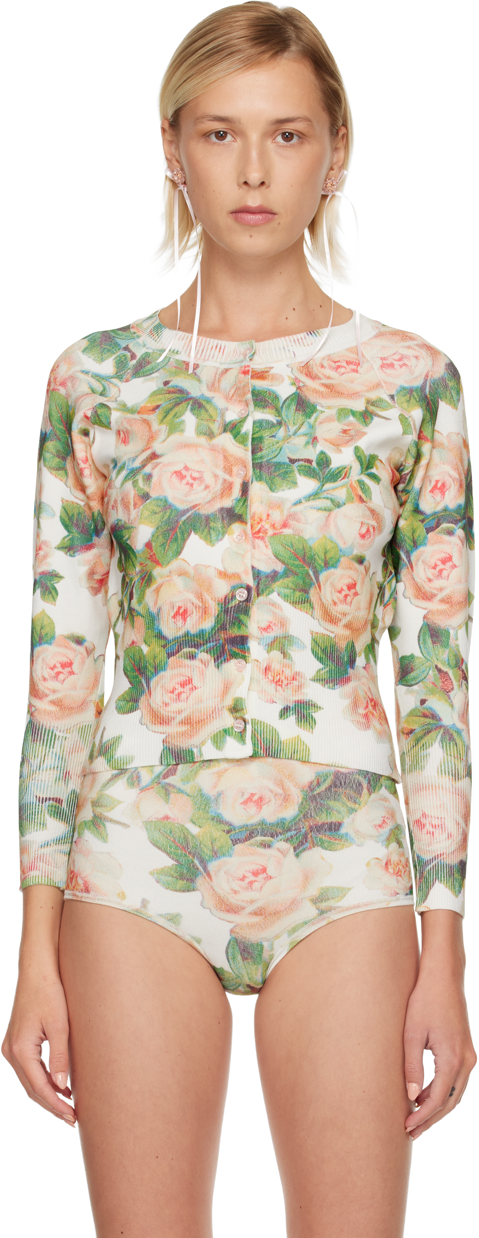 Simone Rocha White Shrunken Floral Knit Cardigan In Green