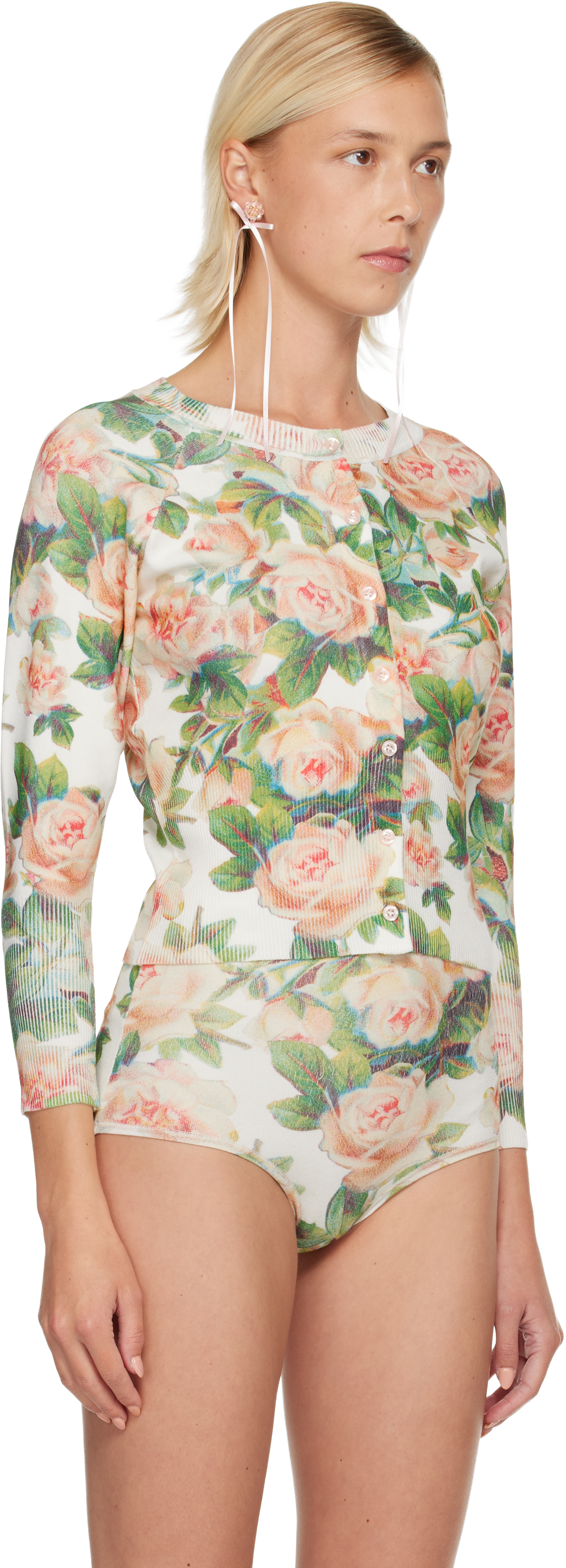 Simone Rocha White Shrunken Floral Knit Cardigan In Green
