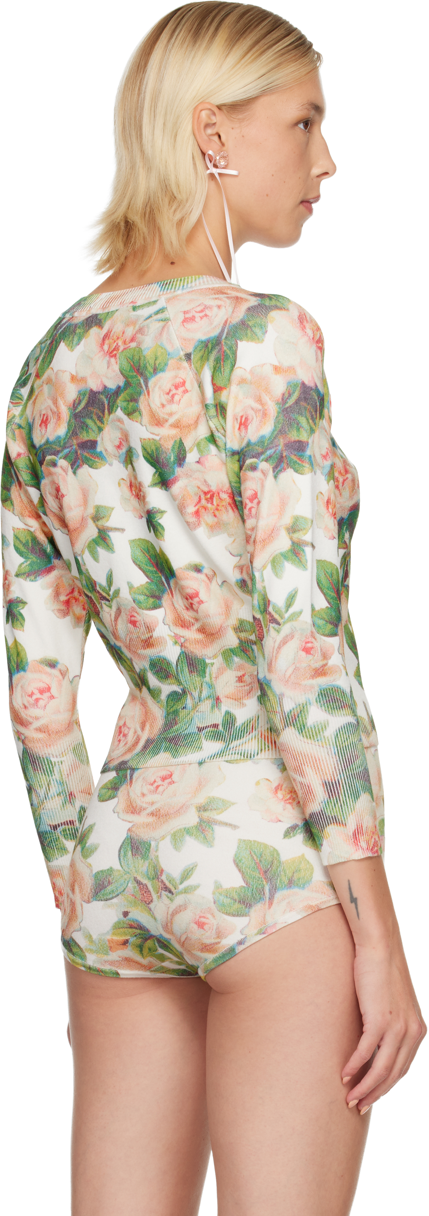Simone Rocha White Shrunken Floral Knit Cardigan In Green
