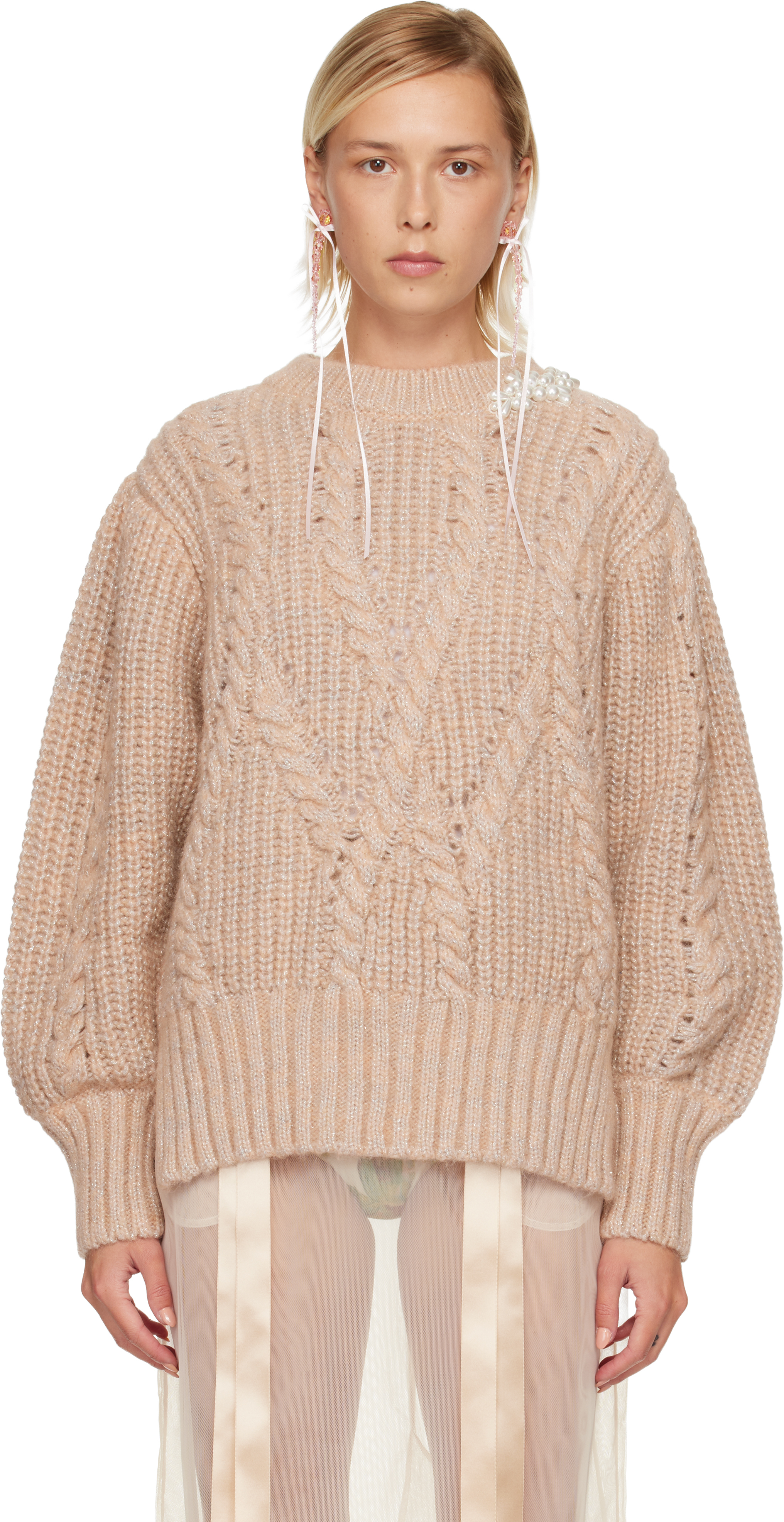 Simone Rocha Pink Embellished Puff Sleeve Chunky Knit Sweater In Neutral