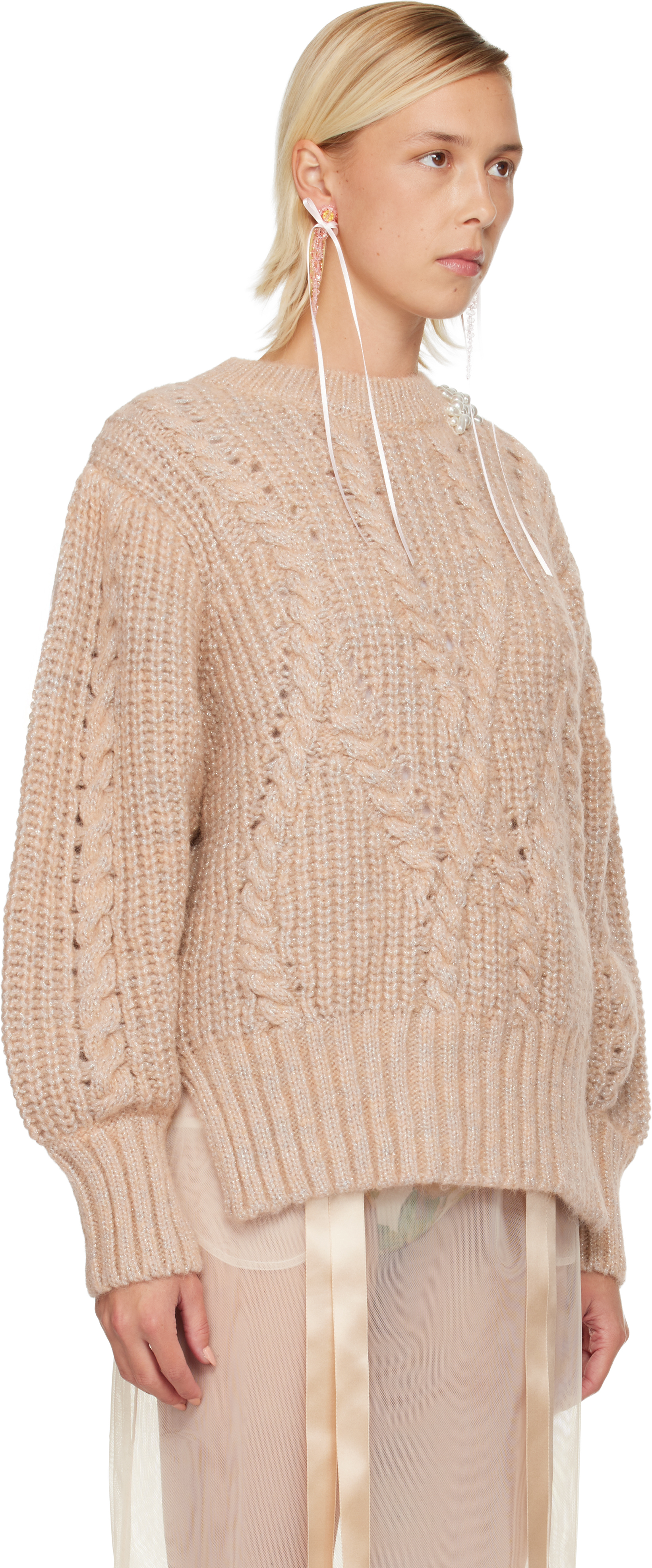 Simone Rocha Pink Embellished Puff Sleeve Chunky Knit Sweater In Neutral