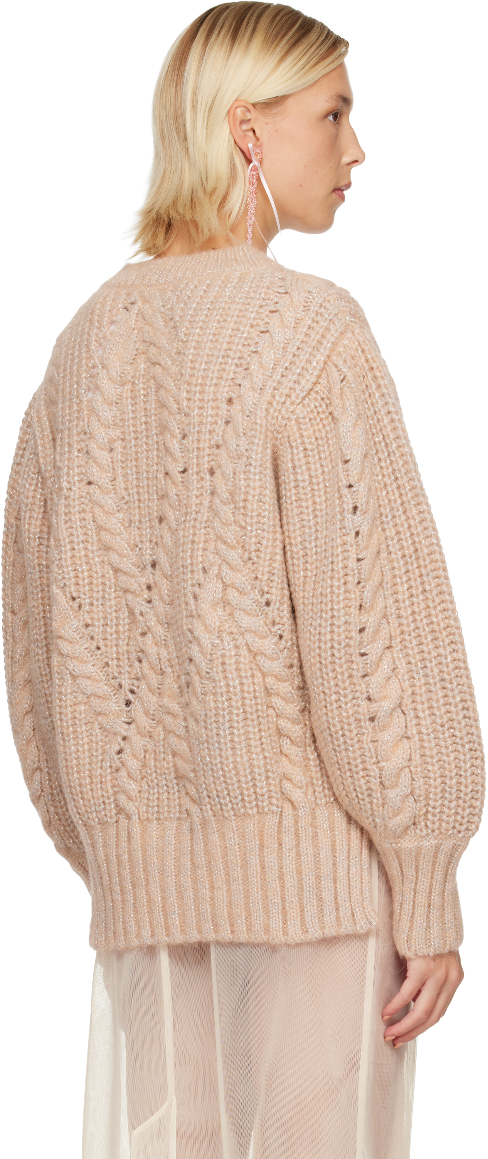 Simone Rocha Pink Embellished Puff Sleeve Chunky Knit Sweater In Neutral