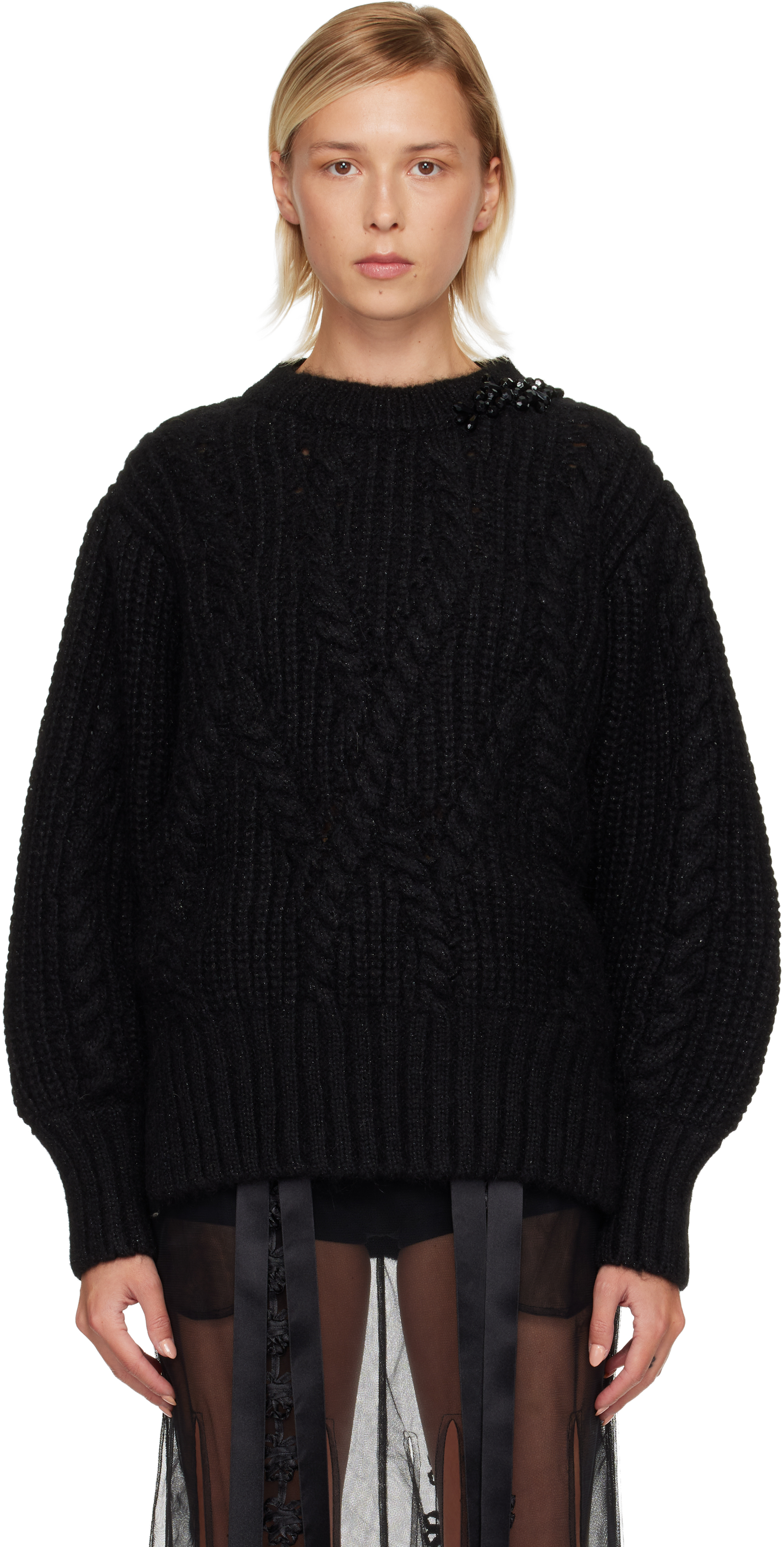 Simone Rocha Black Embellished Puff Sleeve Chunky Knit Sweater In Black