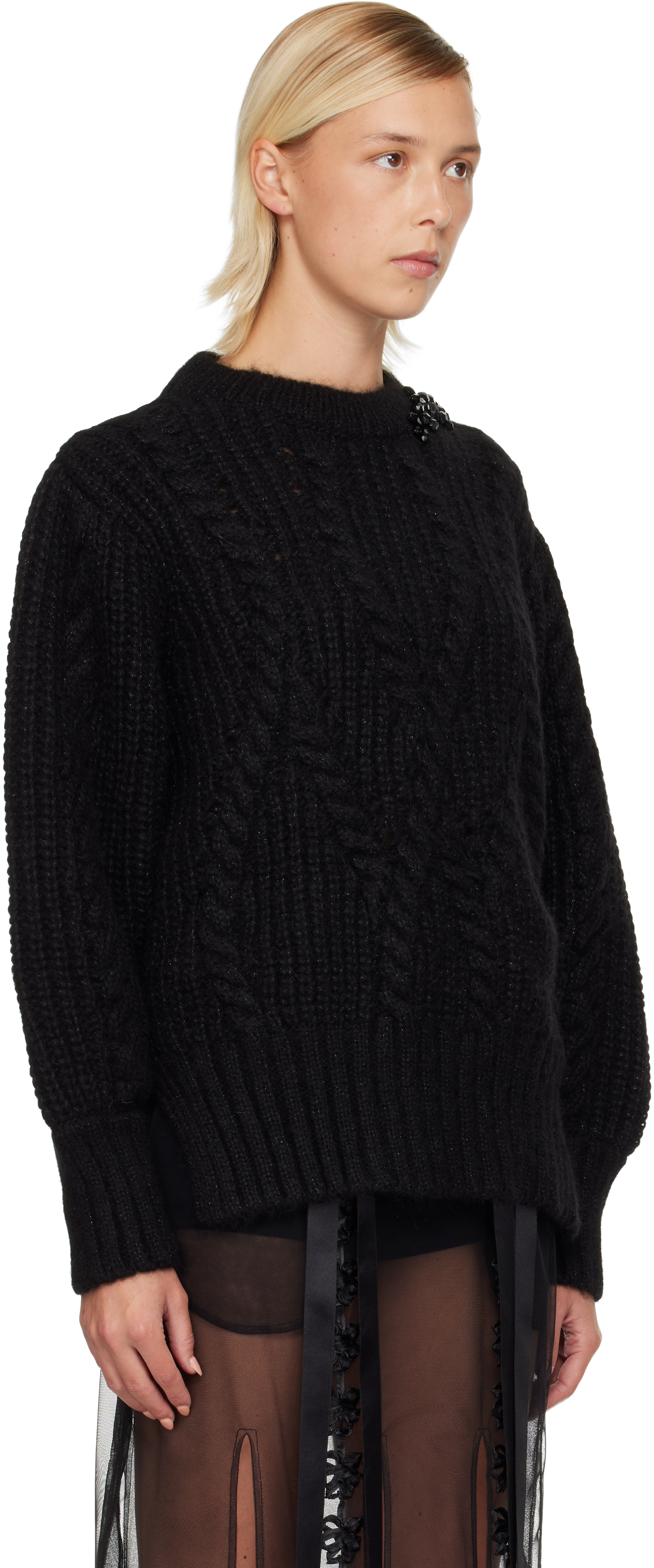 Simone Rocha Black Embellished Puff Sleeve Chunky Knit Sweater In Black