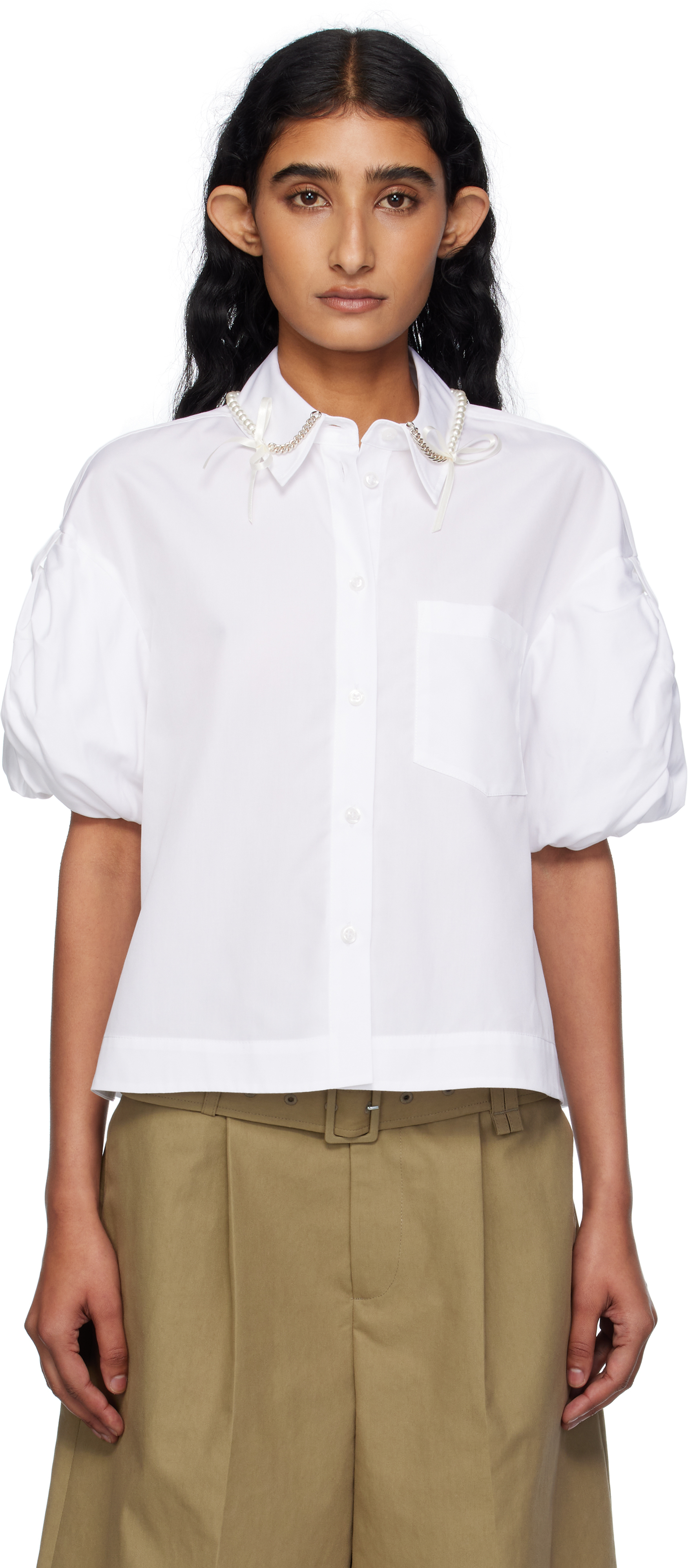 White Cropped Puff Bow Sleeve Shirt