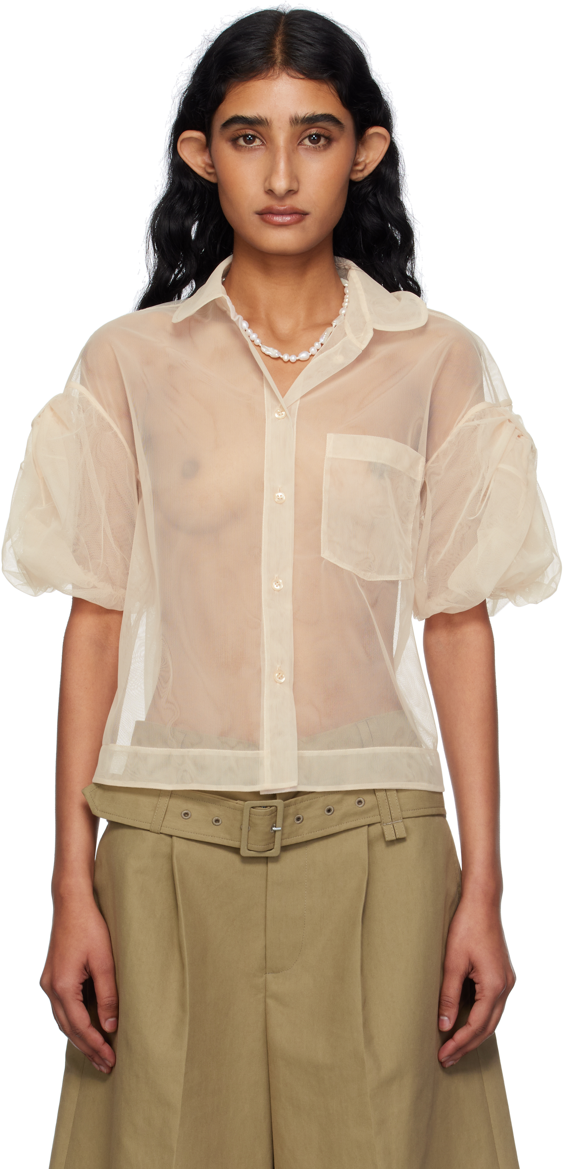 Simone Rocha Beige Sheer Cropped Bow Puff Sleeve Shirt In Nude
