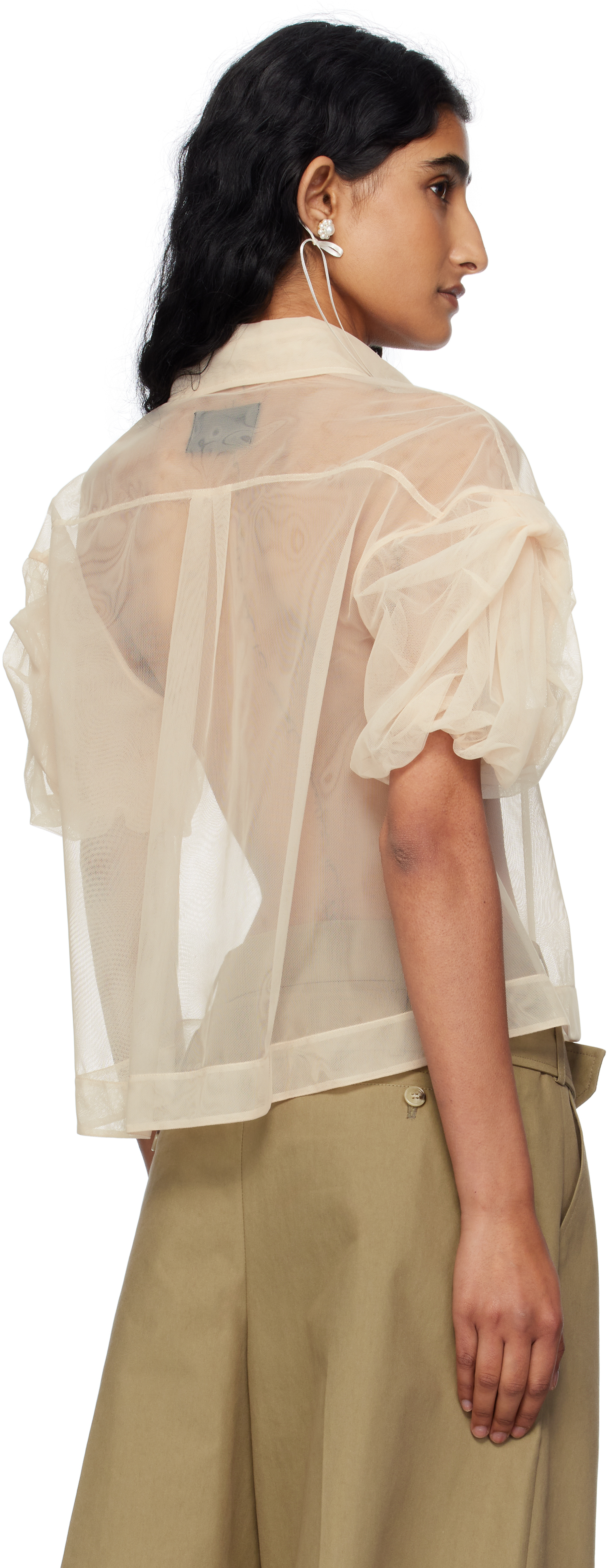 Simone Rocha Beige Sheer Cropped Bow Puff Sleeve Shirt In Nude
