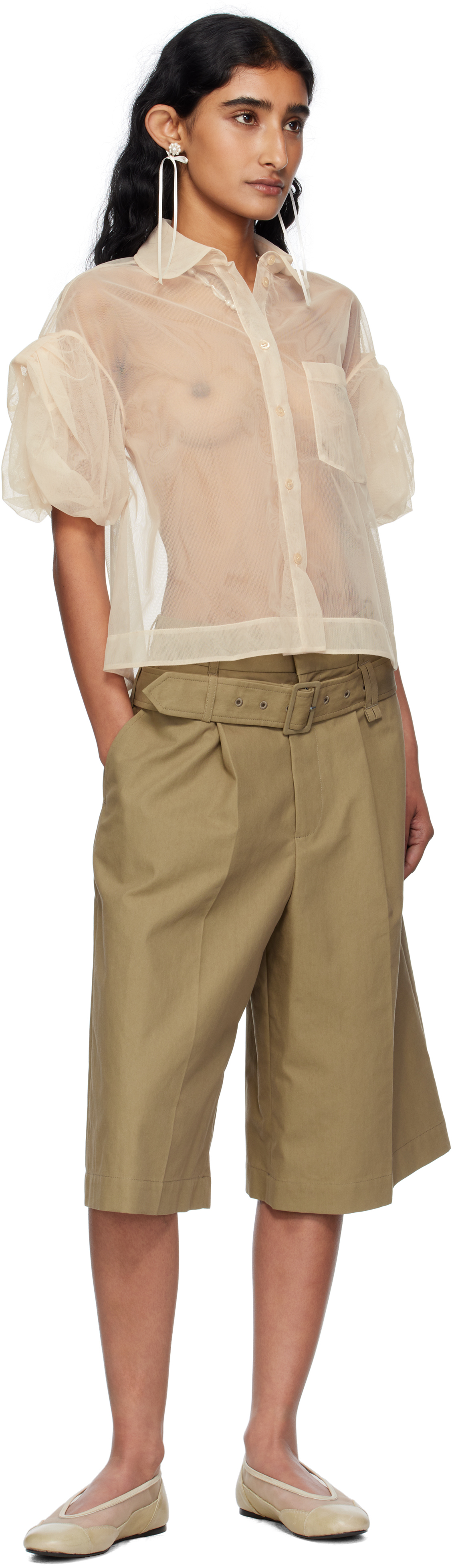 Simone Rocha Beige Sheer Cropped Bow Puff Sleeve Shirt In Nude