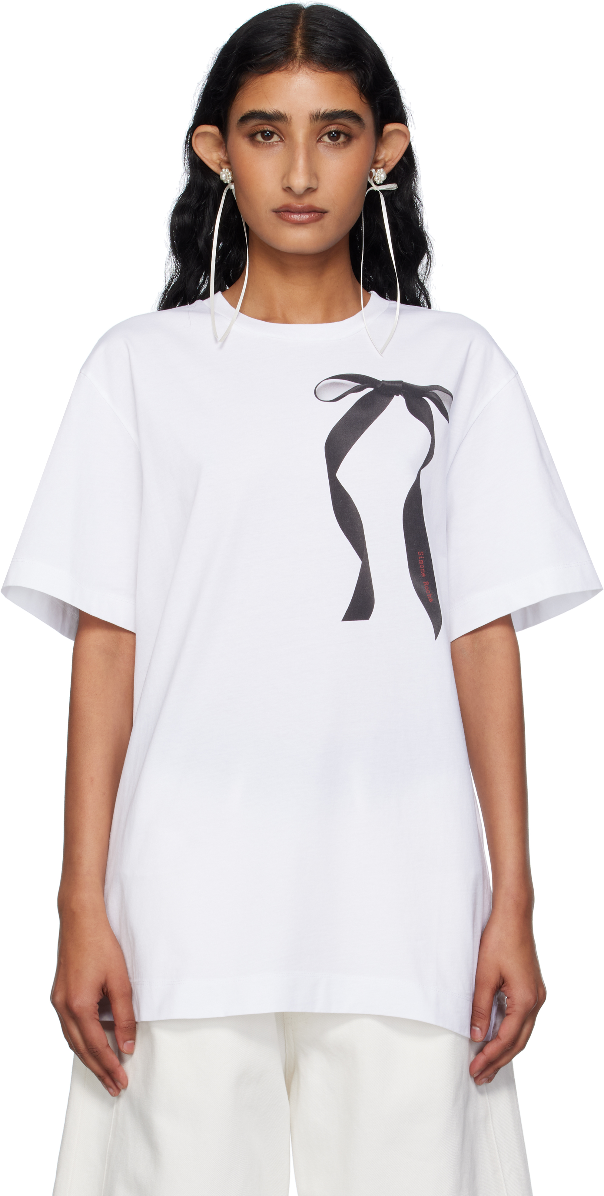 Simone Rocha White Ribbon Bow Tail T-shirt In Multi