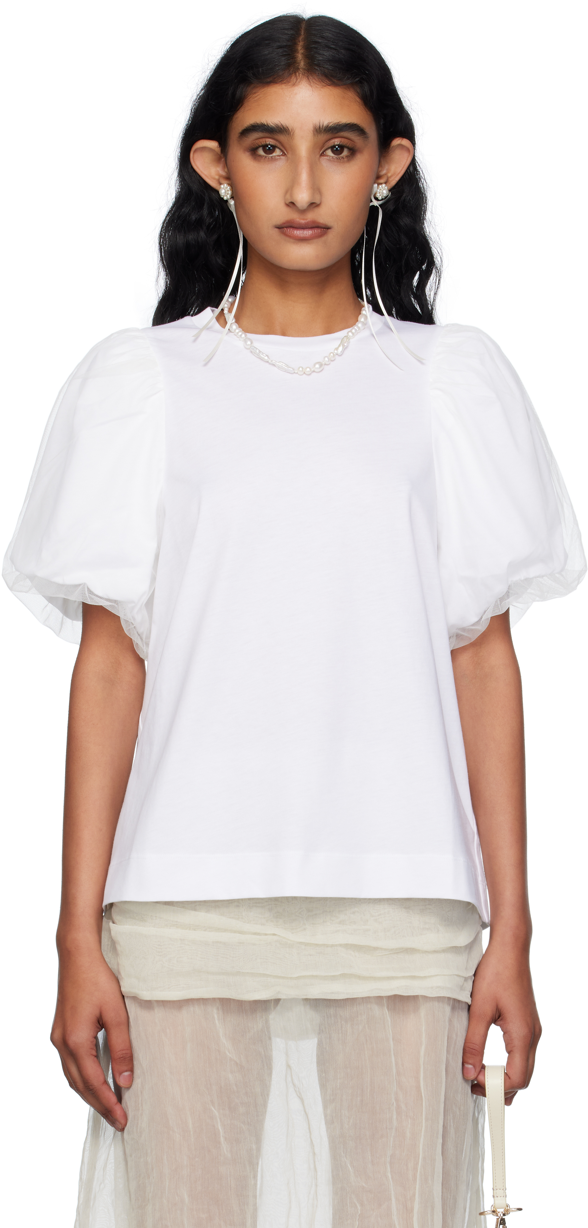 Simone Rocha White Tulle Overlay Puff Sleeve T-shirt In White