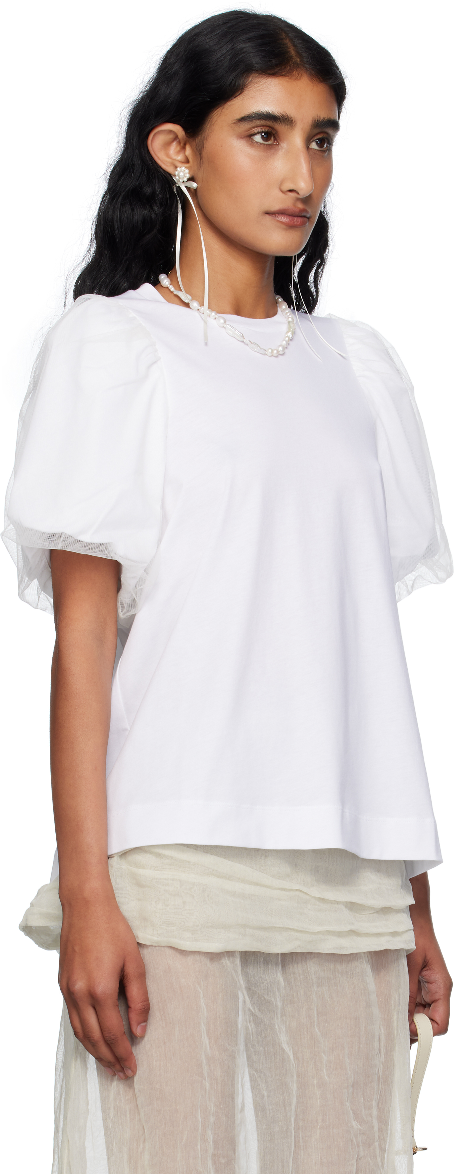 Simone Rocha White Tulle Overlay Puff Sleeve T-shirt In White