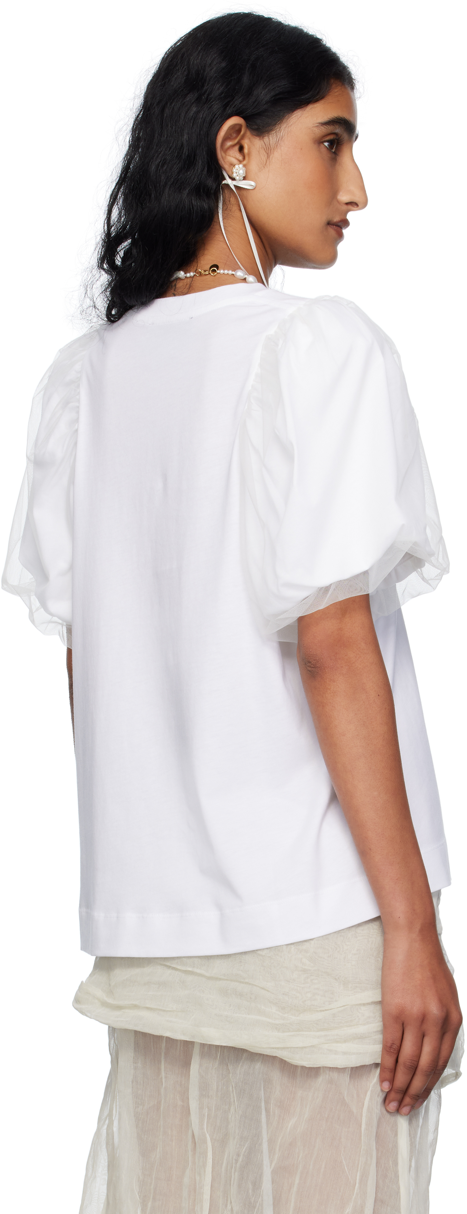 Simone Rocha White Tulle Overlay Puff Sleeve T-shirt In White