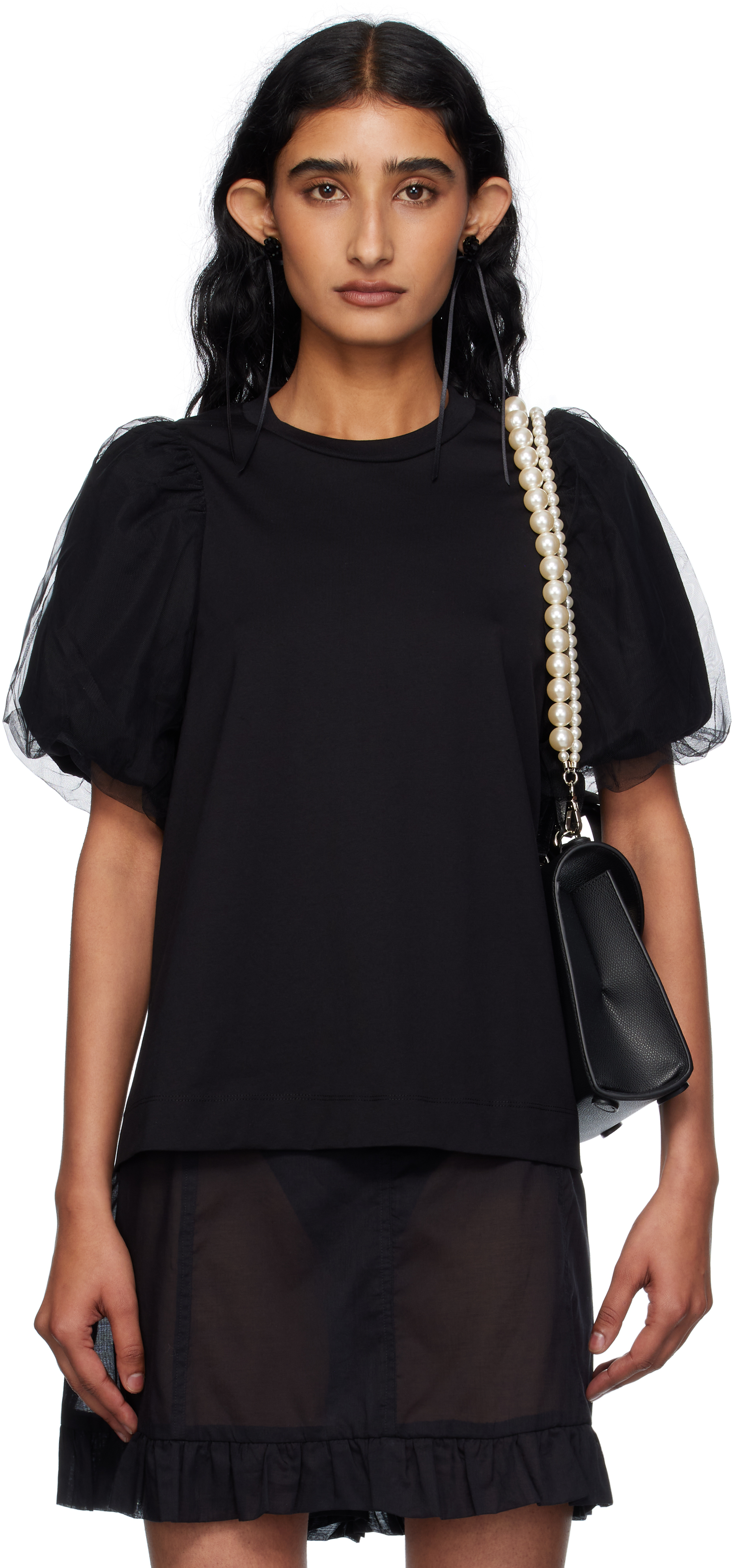 Simone Rocha Black Tulle Overlay Puff Sleeve T-shirt In Black