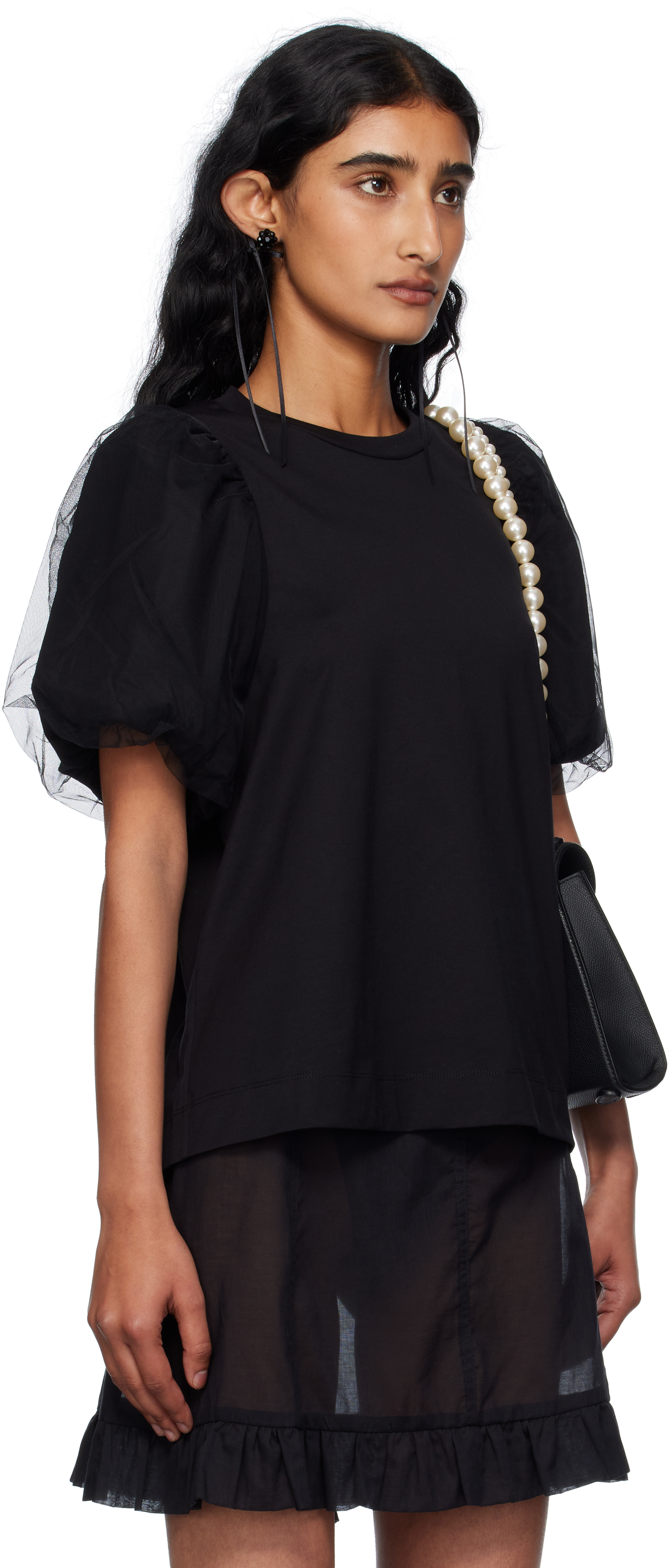 Simone Rocha Black Tulle Overlay Puff Sleeve T-shirt In Black